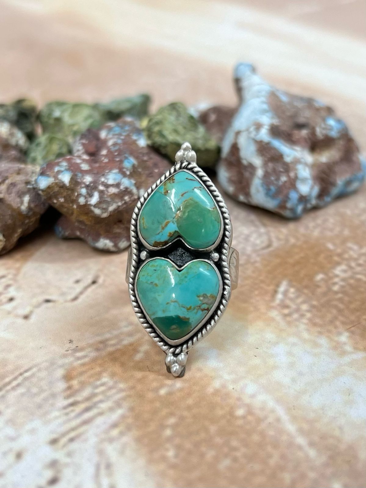 Handmade Sterling Silver Kingman Turquoise Adjustable Ring with Signed Nizhoni (f7)