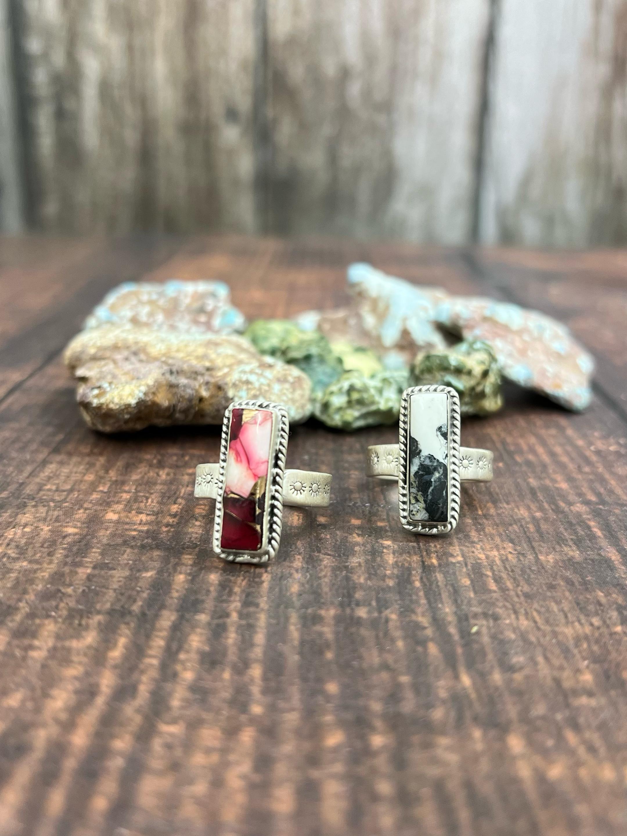 Handmade Sterling Silver Dahlia Rose, White Buffalo Turquoise Ring with Signed Nizhoni (f3)