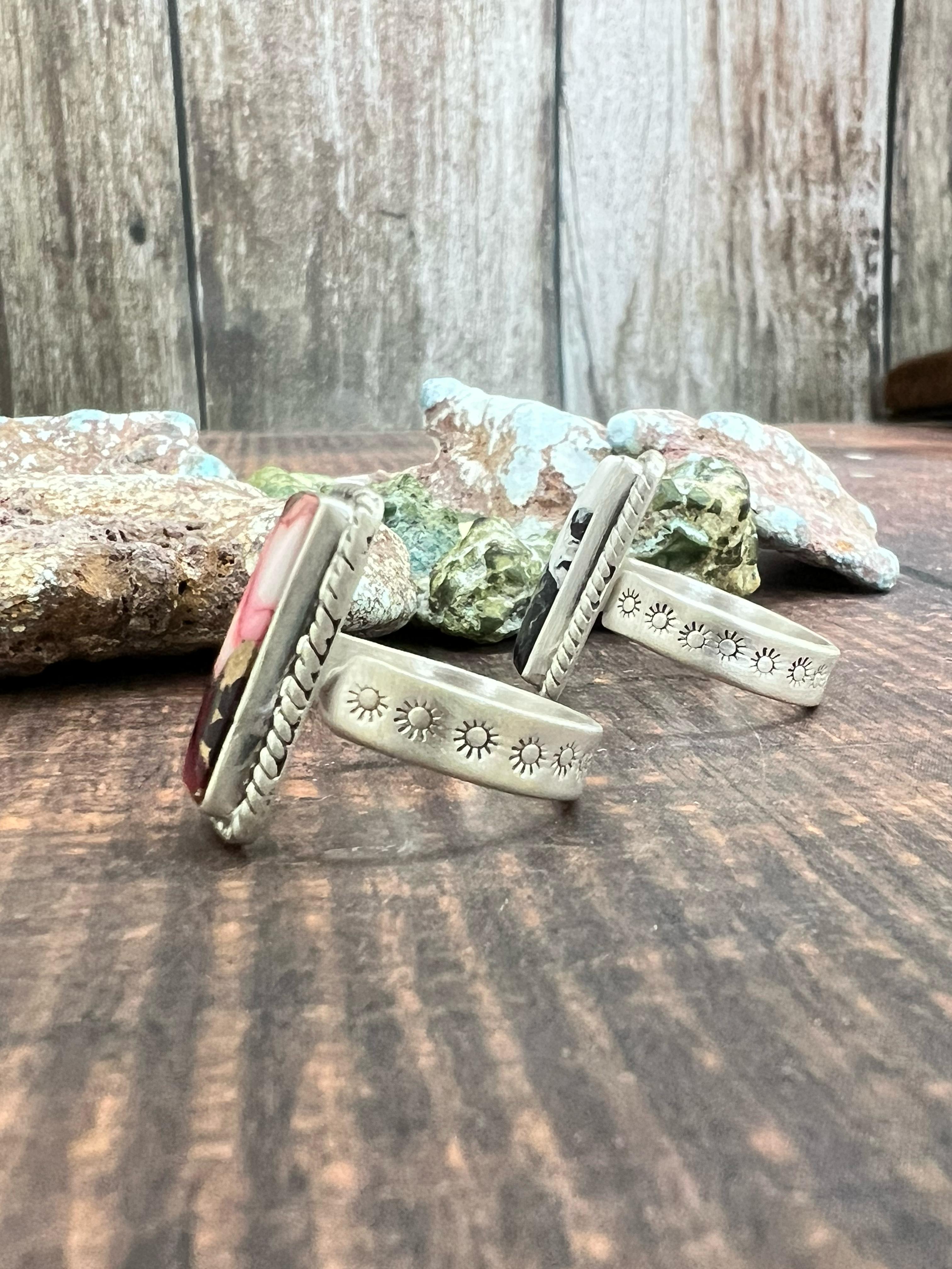 Handmade Sterling Silver Dahlia Rose, White Buffalo Turquoise Ring with Signed Nizhoni (f3)