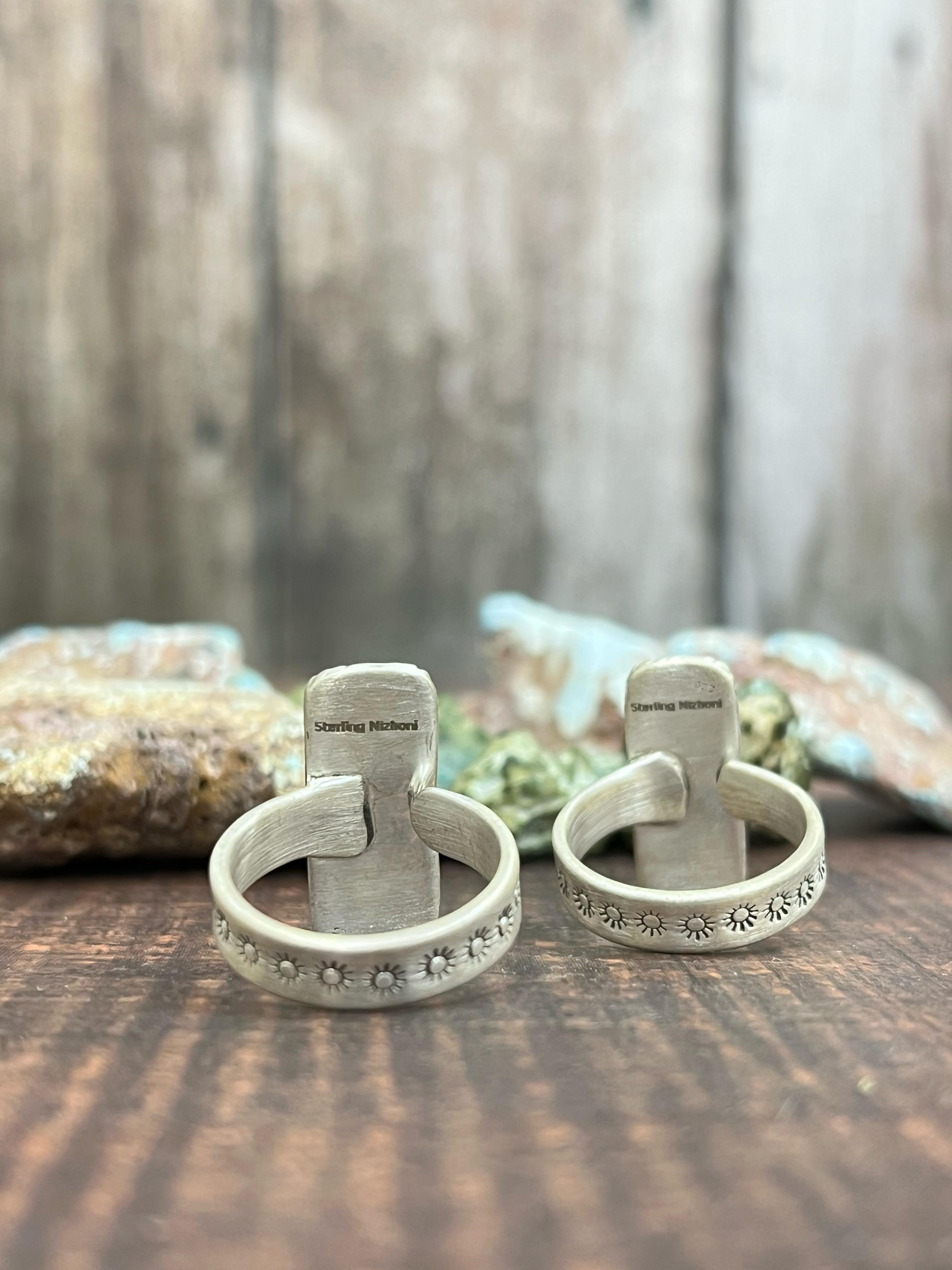 Handmade Sterling Silver Dahlia Rose, White Buffalo Turquoise Ring with Signed Nizhoni (f3)