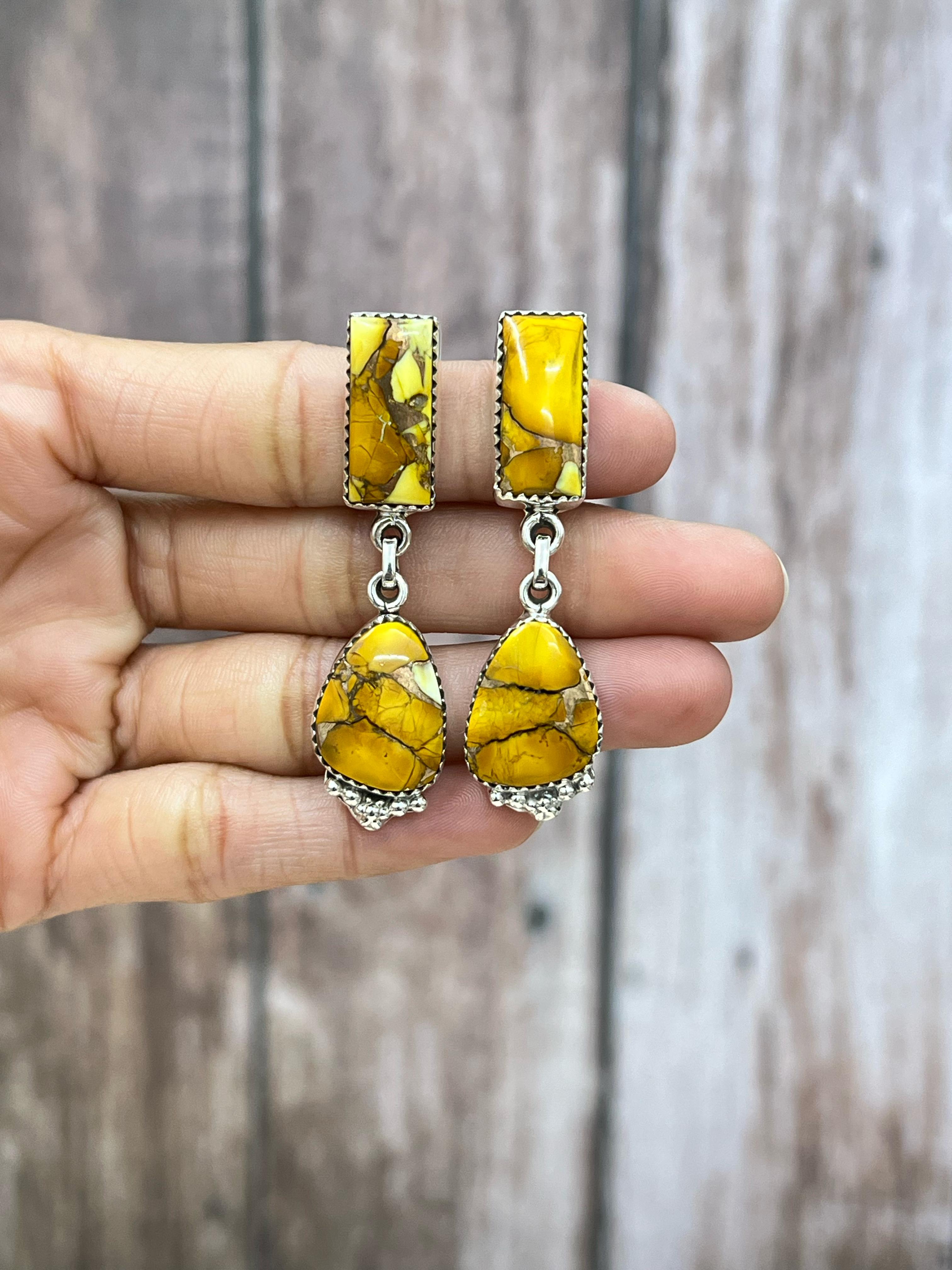 Handmade Sterling Silver Honey Dahlia Dangle Earrings with Signed Nizhoni (f4)