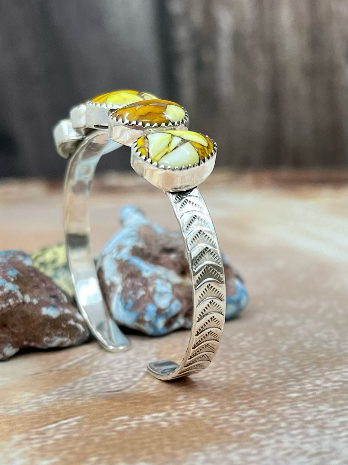 Handmade Sterling Silver Honey Dahlia Cuff Bracelet with Signed Nizhoni