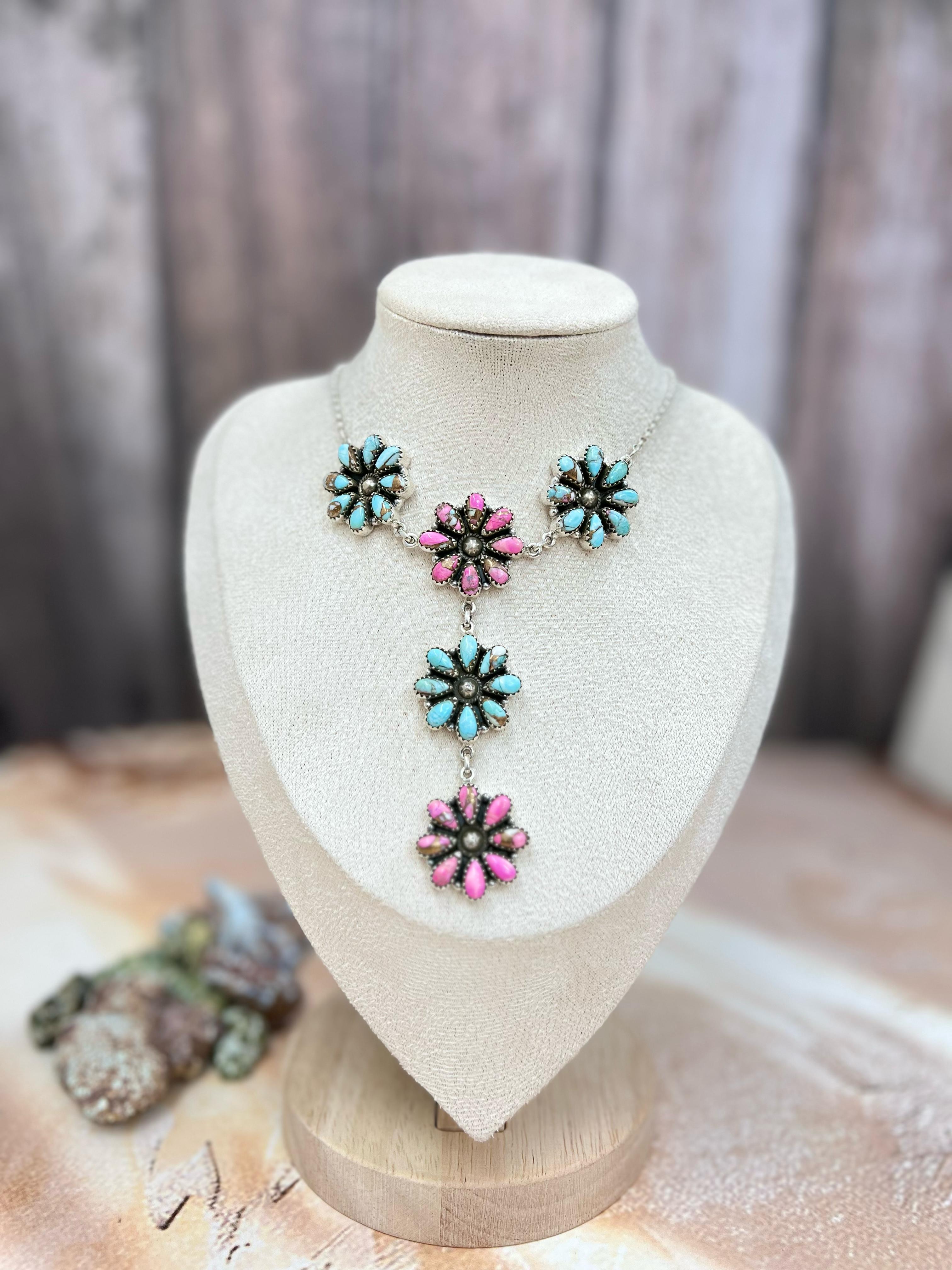 Handmade Sterling Silver Cotton Candy Turquoise Necklace with Signed Nizhoni