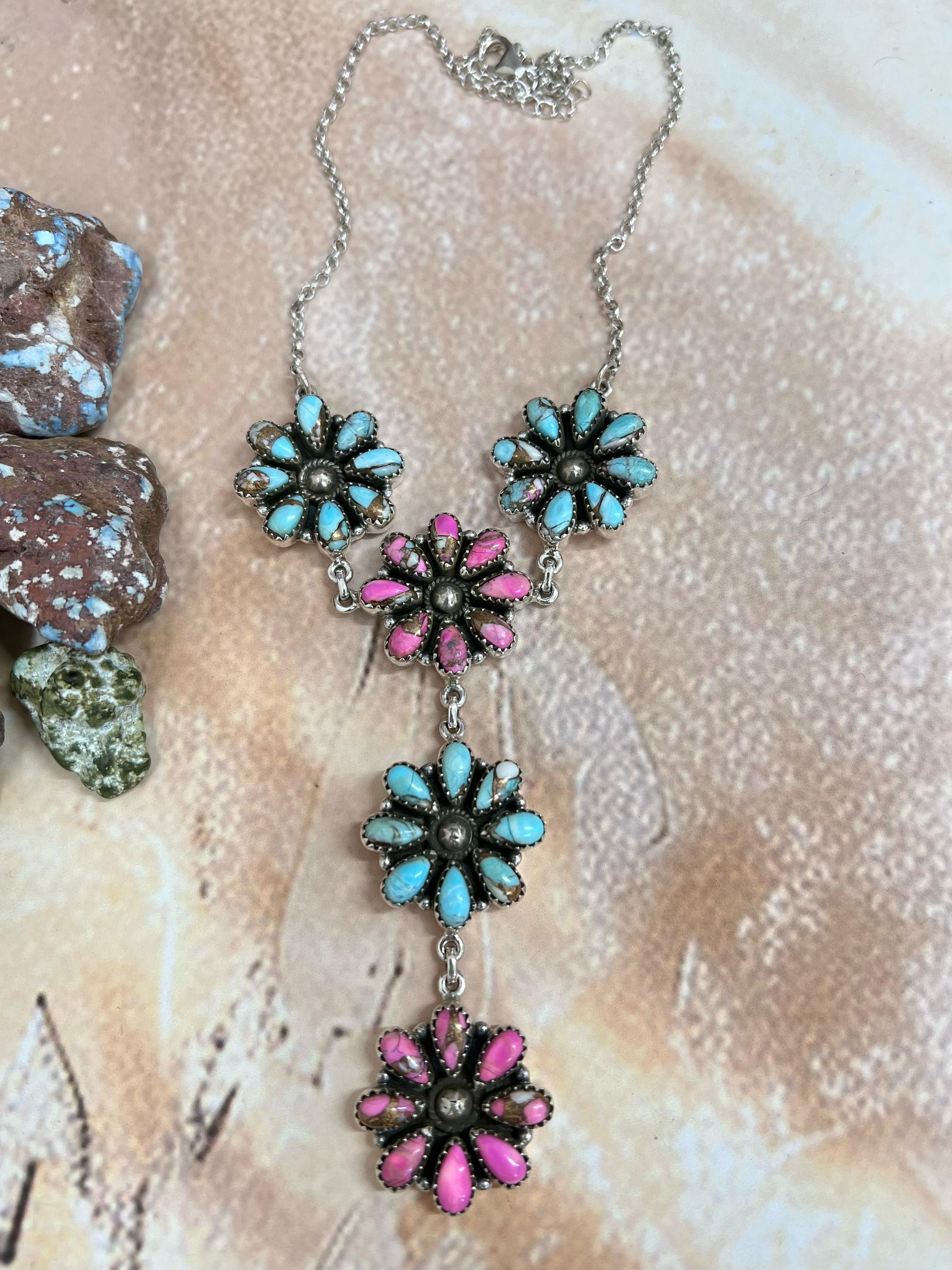 Handmade Sterling Silver Cotton Candy Turquoise Necklace with Signed Nizhoni