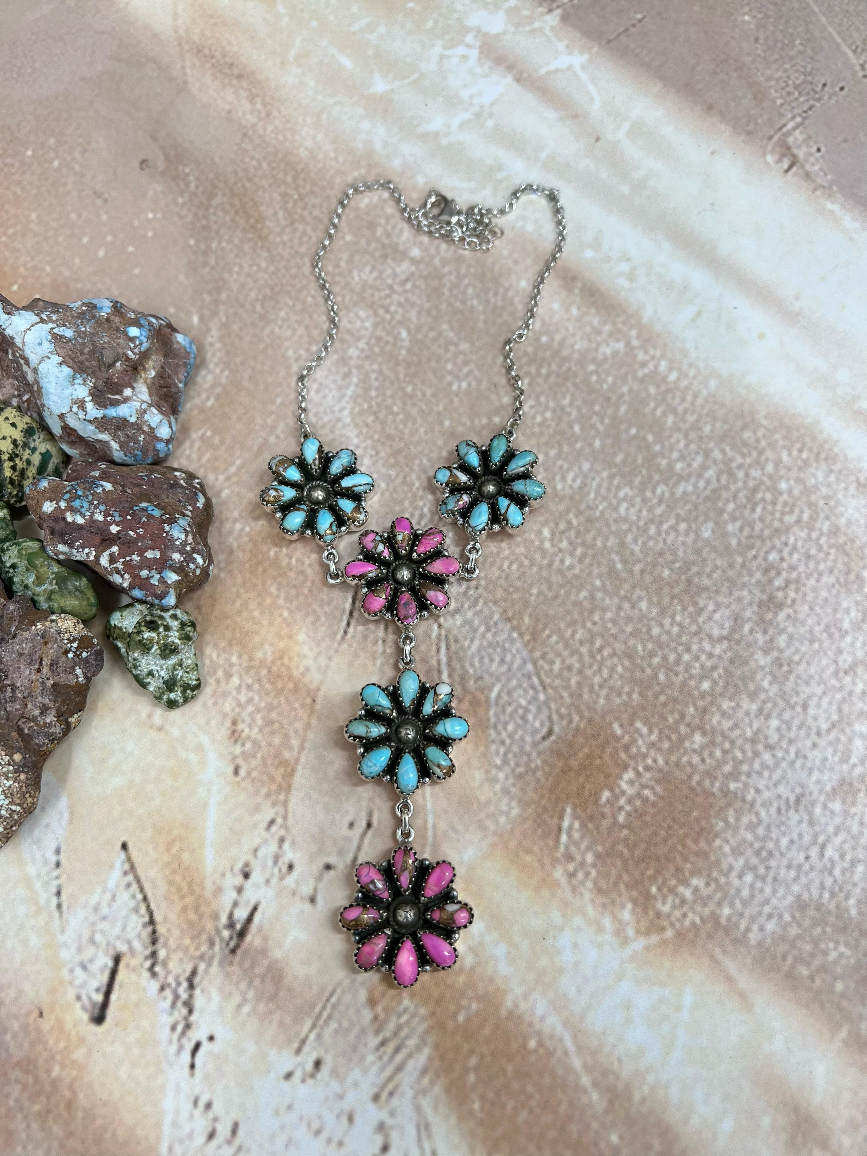 Handmade Sterling Silver Cotton Candy Turquoise Necklace with Signed Nizhoni