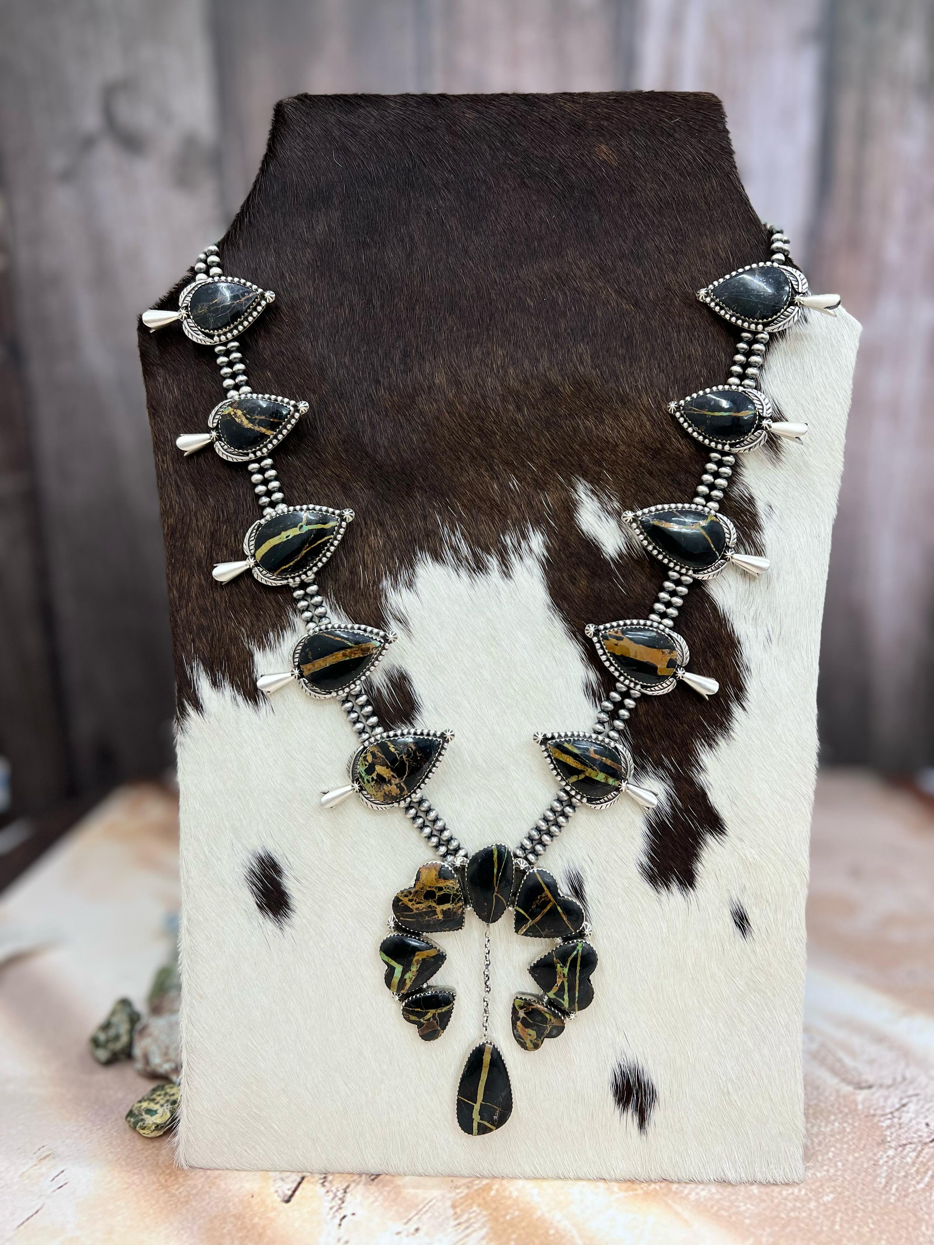 Handmade Sterling Silver Blackjack Turquoise Squash Blossom Necklace Signed Nizhoni