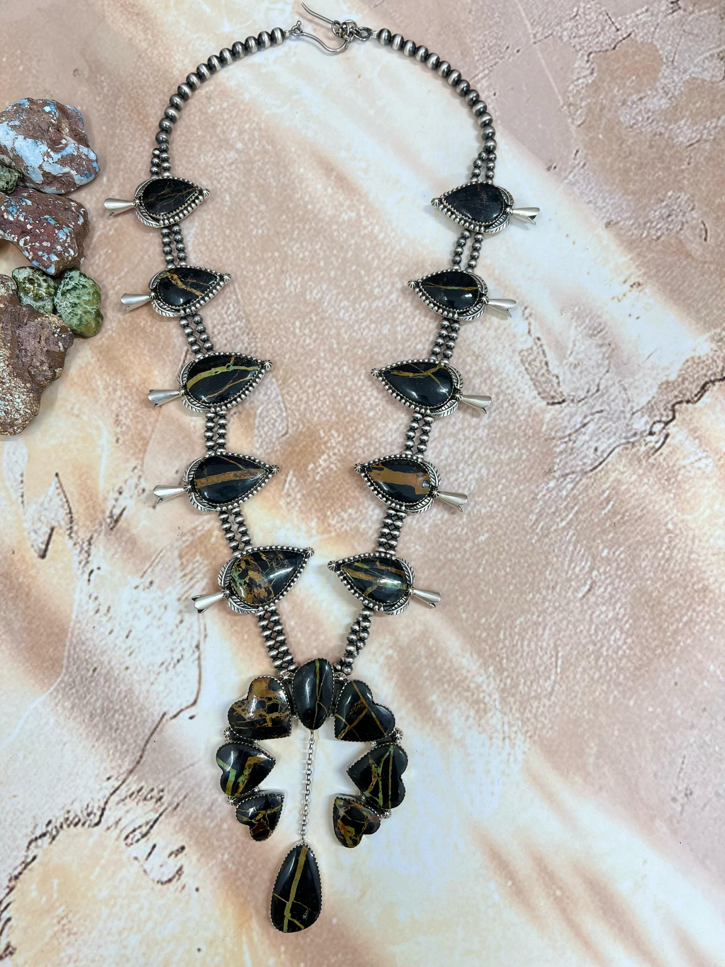 Handmade Sterling Silver Blackjack Turquoise Squash Blossom Necklace Signed Nizhoni