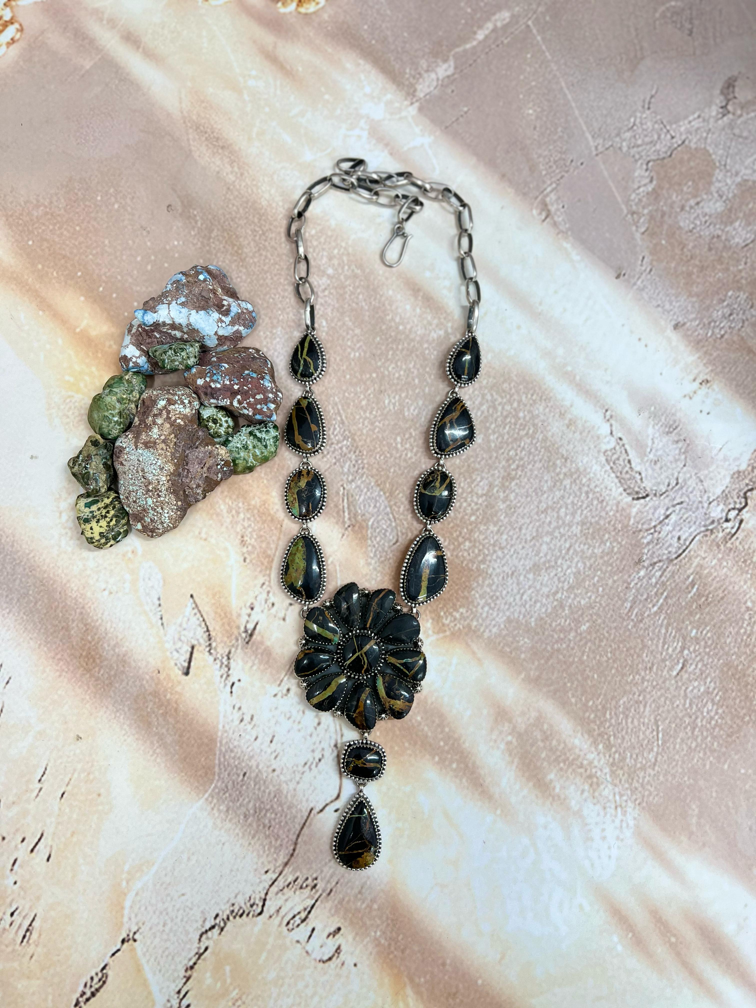 Handmade Sterling Silver Blackjack Turquoise Necklace Signed Nizhoni