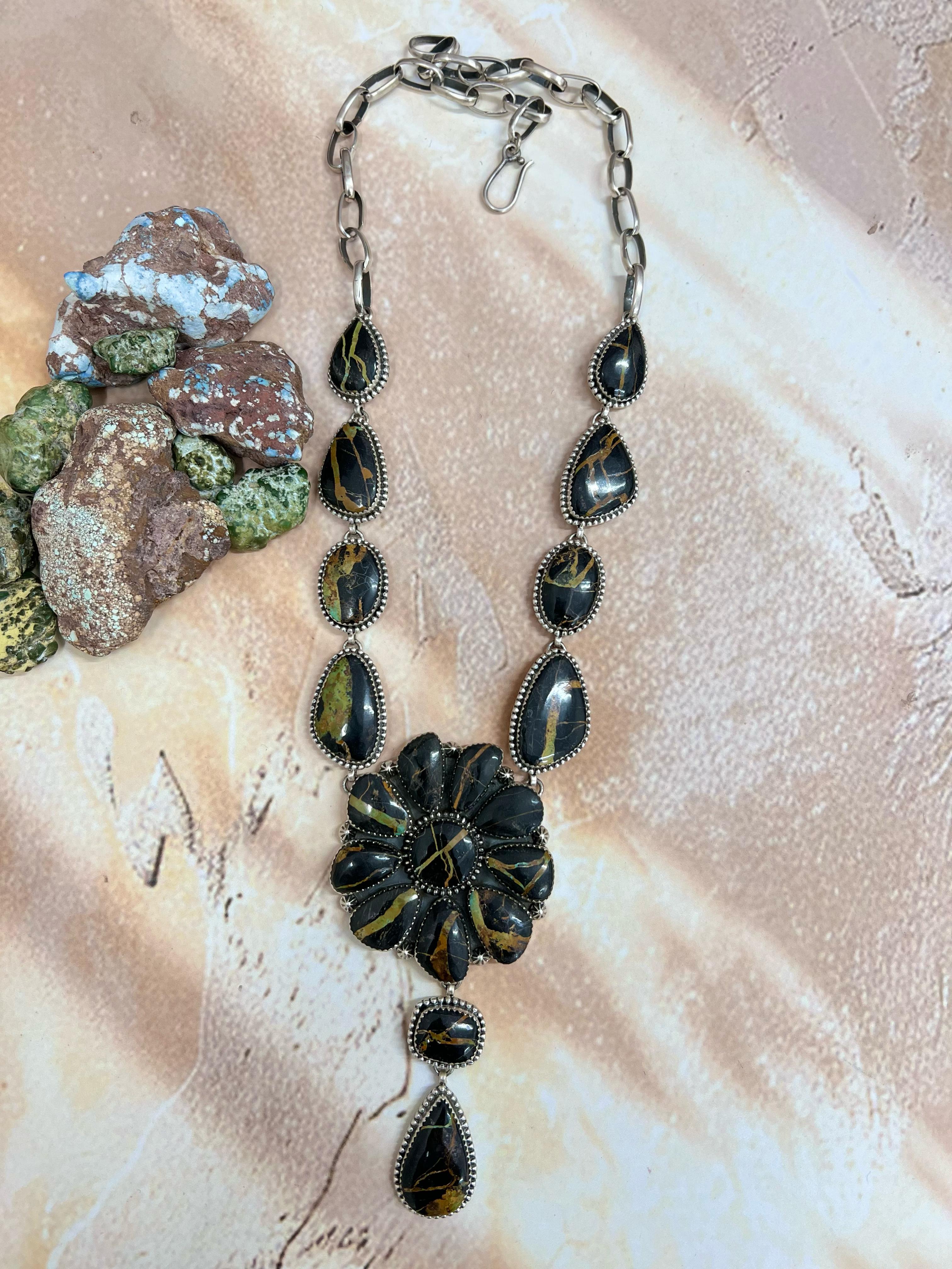 Handmade Sterling Silver Blackjack Turquoise Necklace Signed Nizhoni