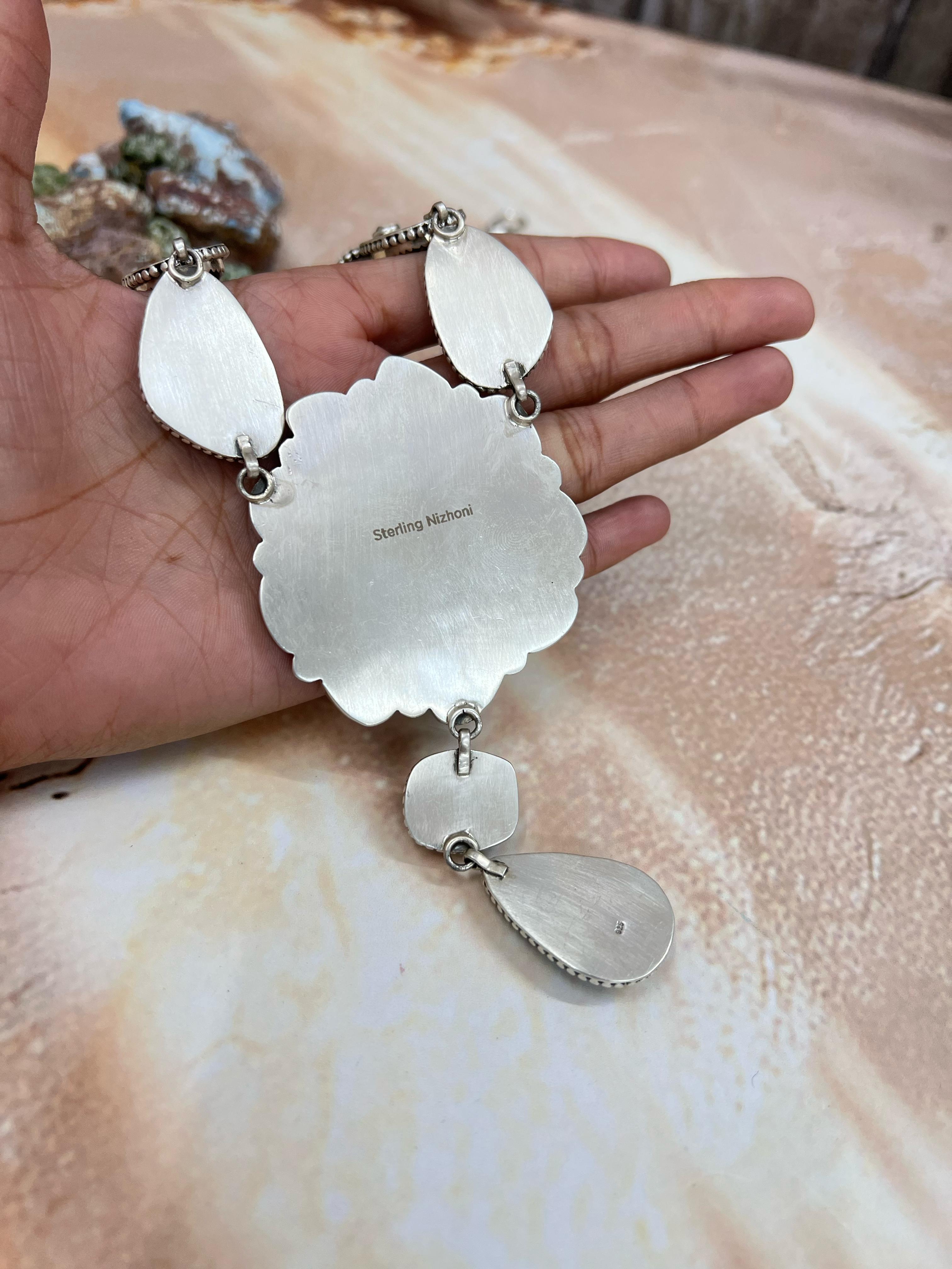 Handmade Sterling Silver Blackjack Turquoise Necklace Signed Nizhoni