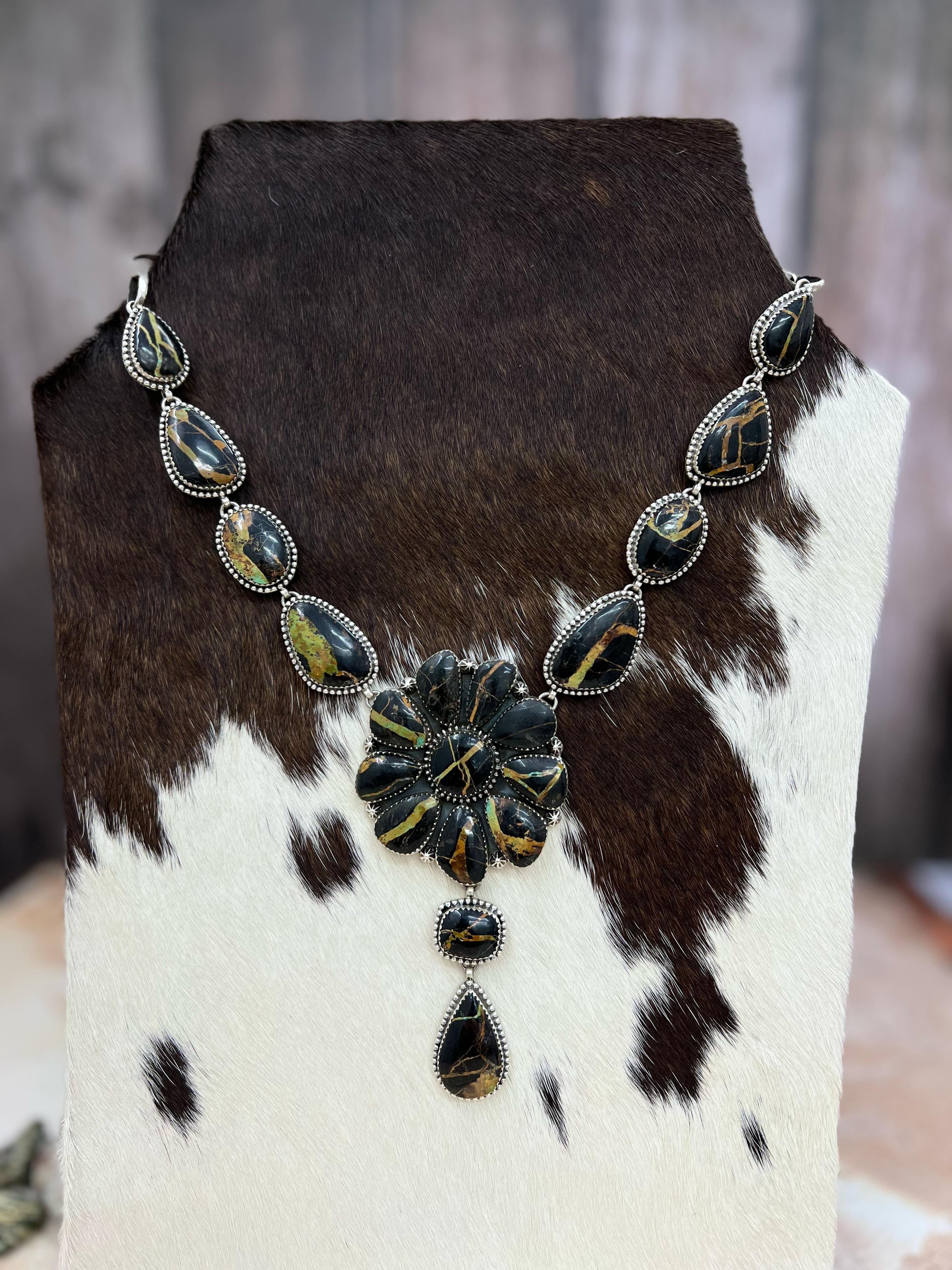 Handmade Sterling Silver Blackjack Turquoise Necklace Signed Nizhoni