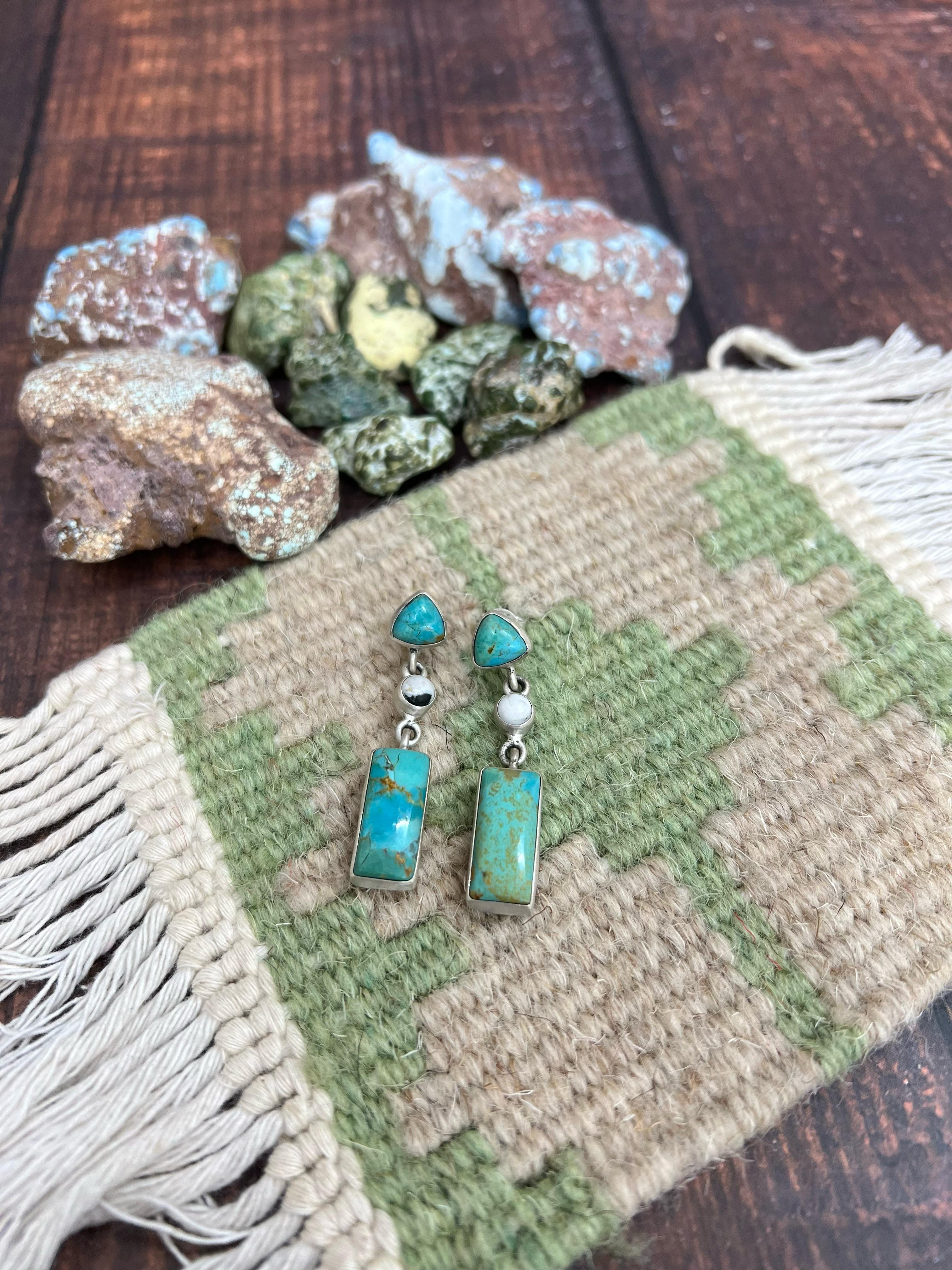 Handmade Sterling Silver Kingman with White Buffalo Turquoise Dangle Earrings with Signed Nizhoni (f2)