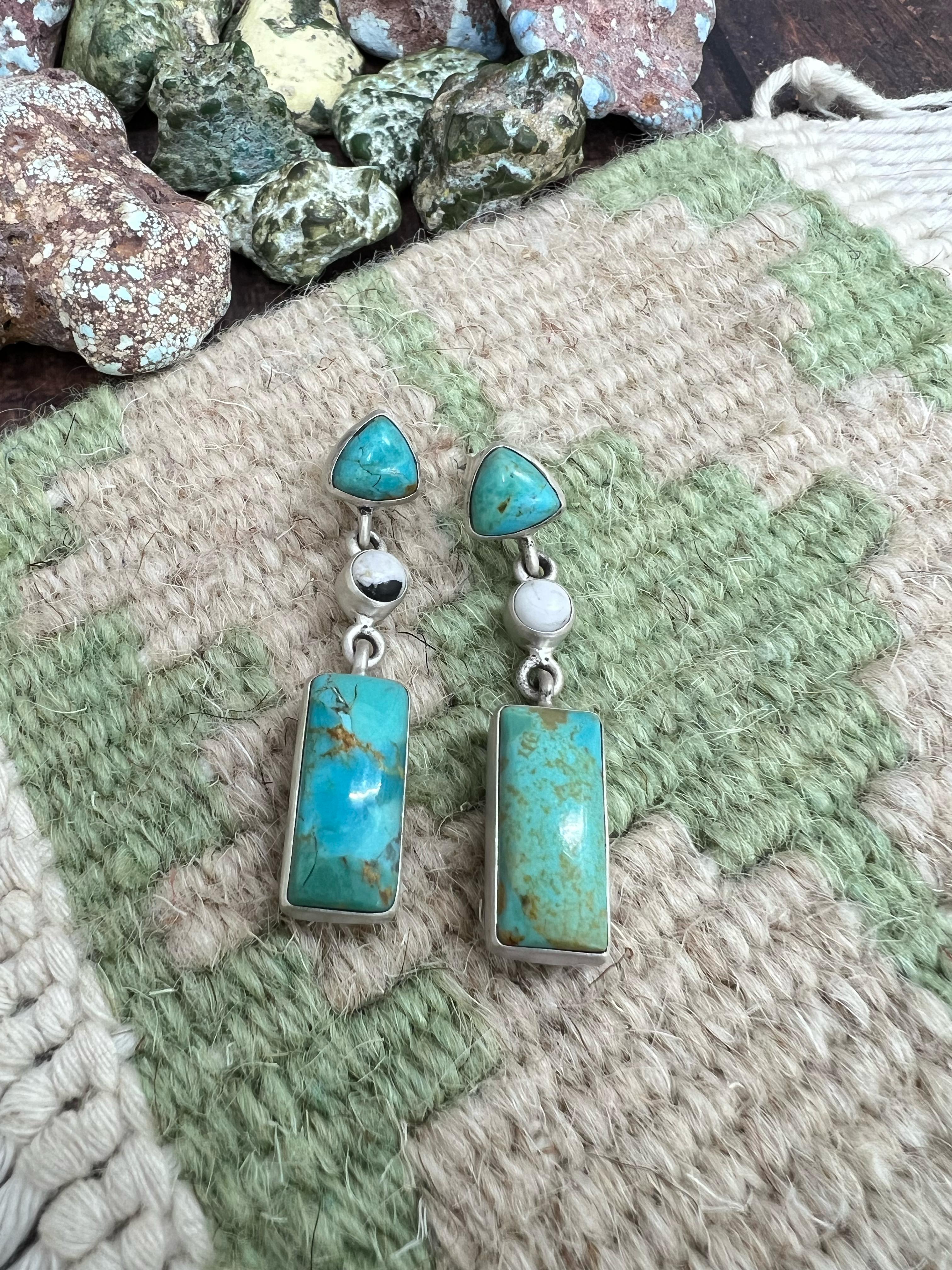 Handmade Sterling Silver Kingman with White Buffalo Turquoise Dangle Earrings with Signed Nizhoni (f2)