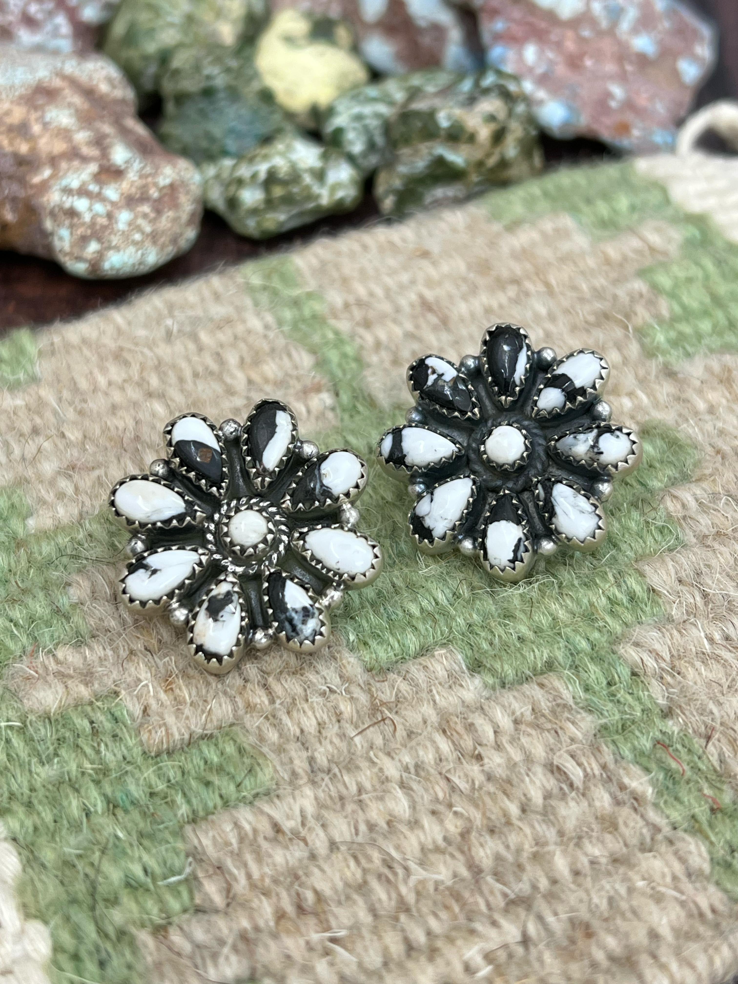 Handmade Sterling Silver White Buffalo Post Earrings with Signed Nizhoni (f6)