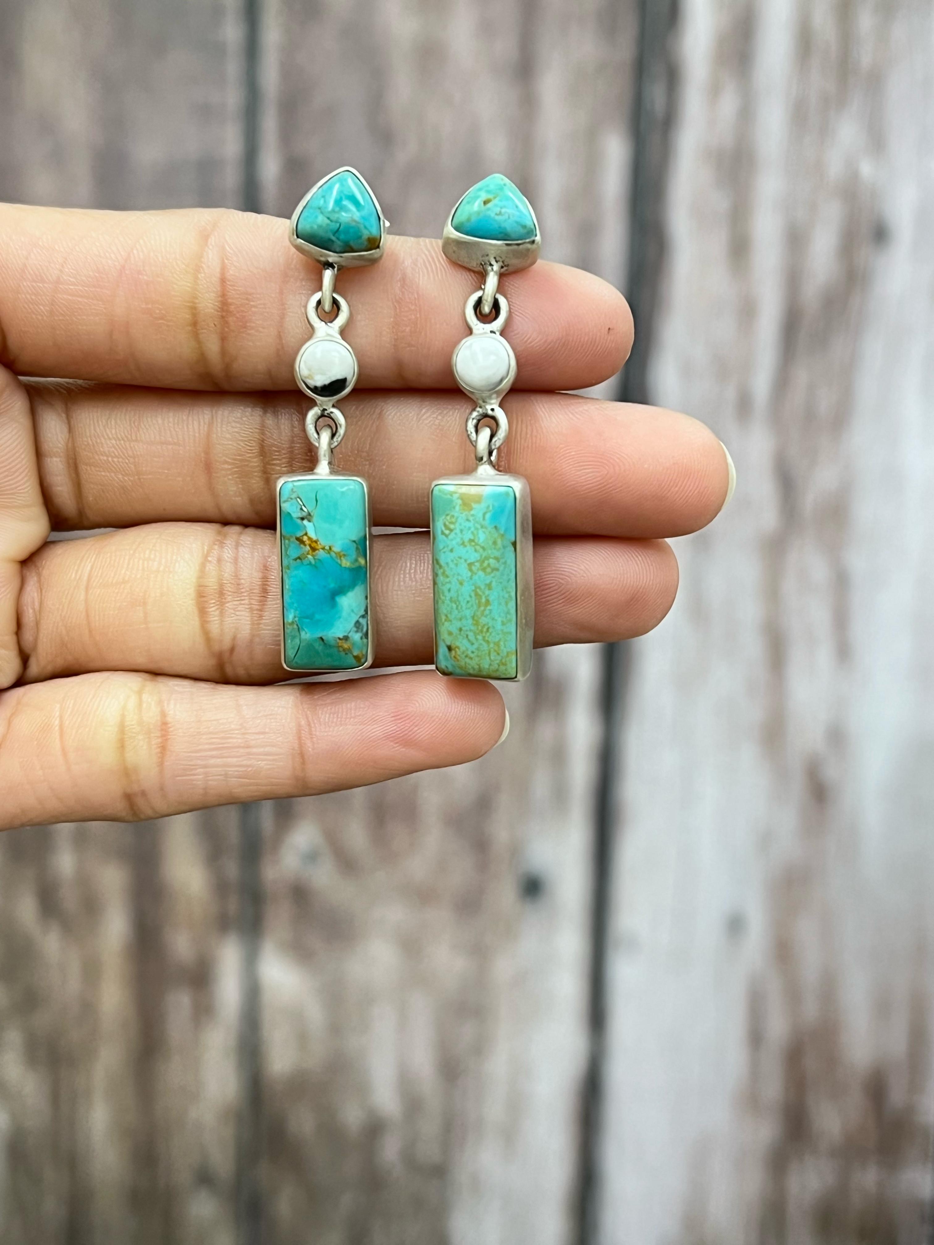 Handmade Sterling Silver Kingman with White Buffalo Turquoise Dangle Earrings with Signed Nizhoni (f2)