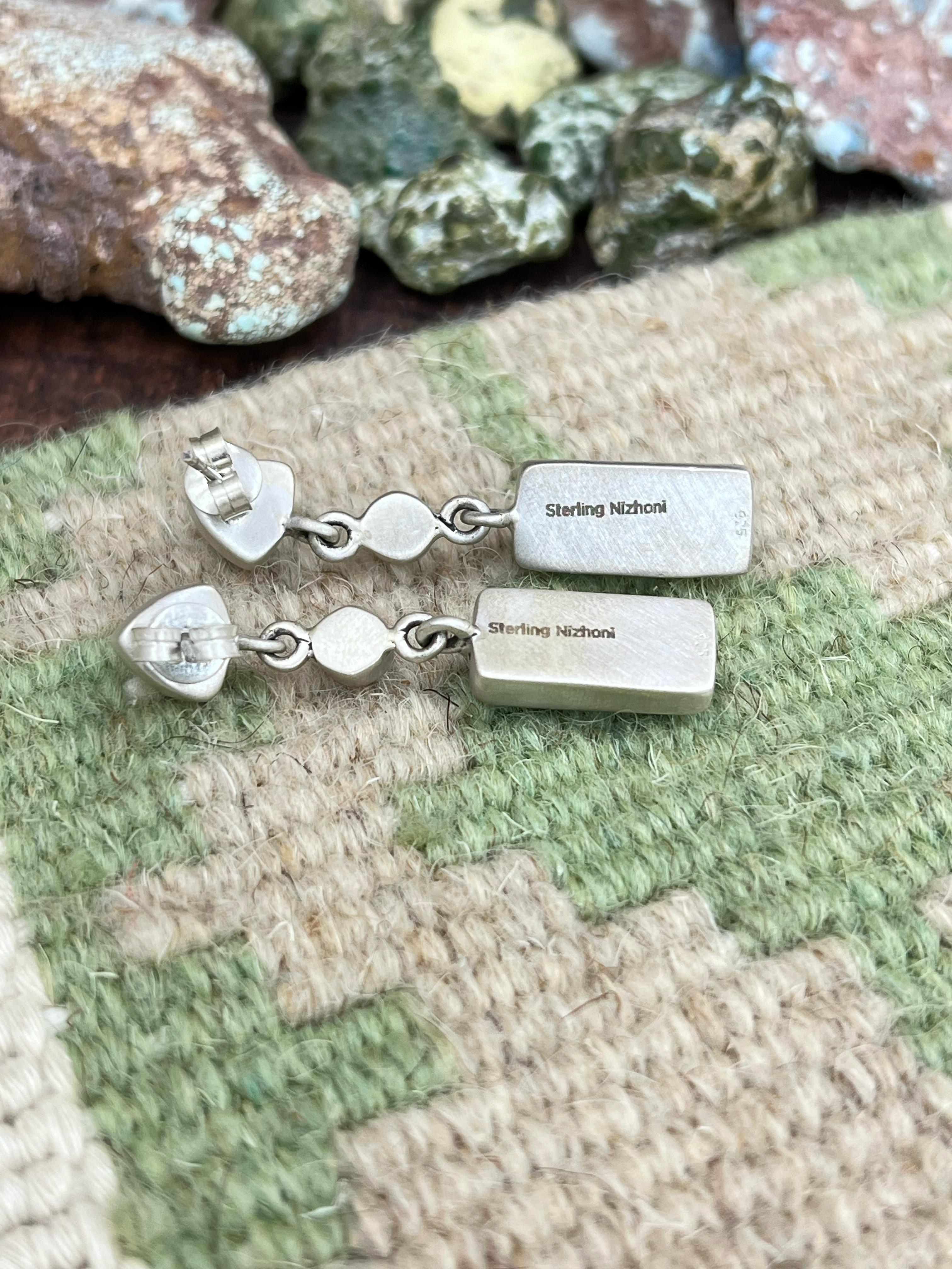 Handmade Sterling Silver Kingman with White Buffalo Turquoise Dangle Earrings with Signed Nizhoni (f2)
