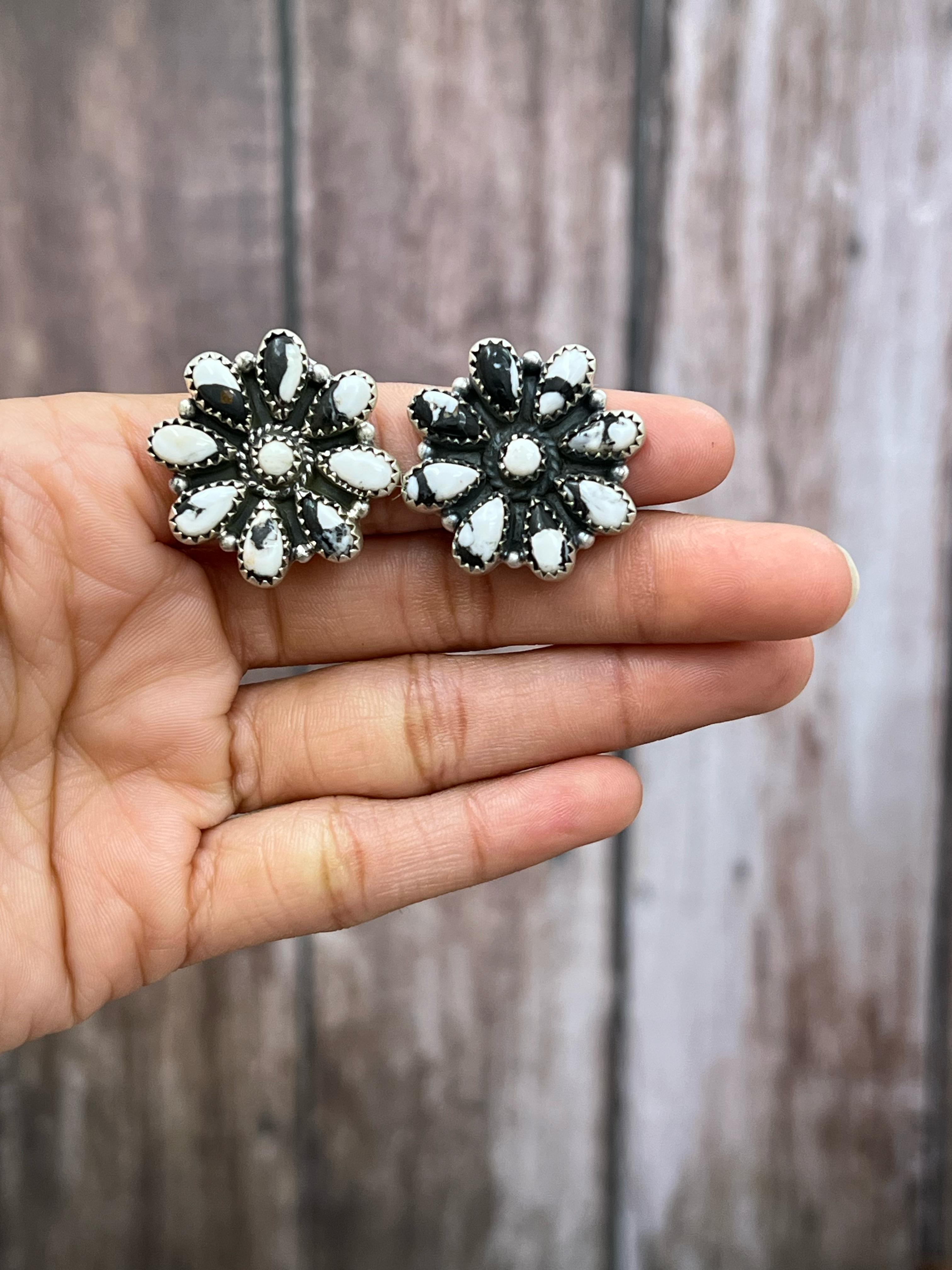 Handmade Sterling Silver White Buffalo Post Earrings with Signed Nizhoni (f6)