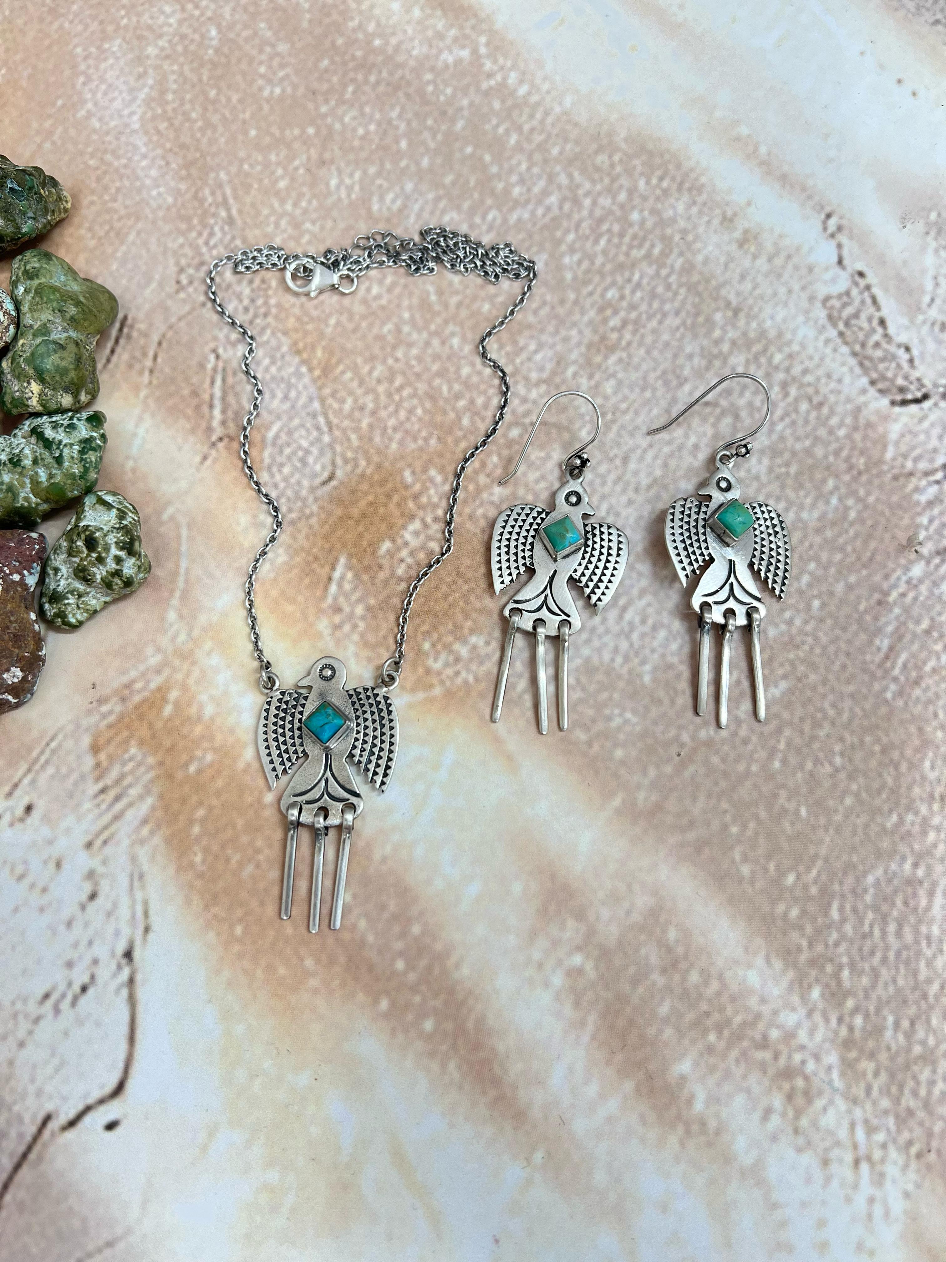Handmade Sterling Silver Kingman Turquoise Phoenix Bird Necklace Earrings Set with Signed Nizhoni