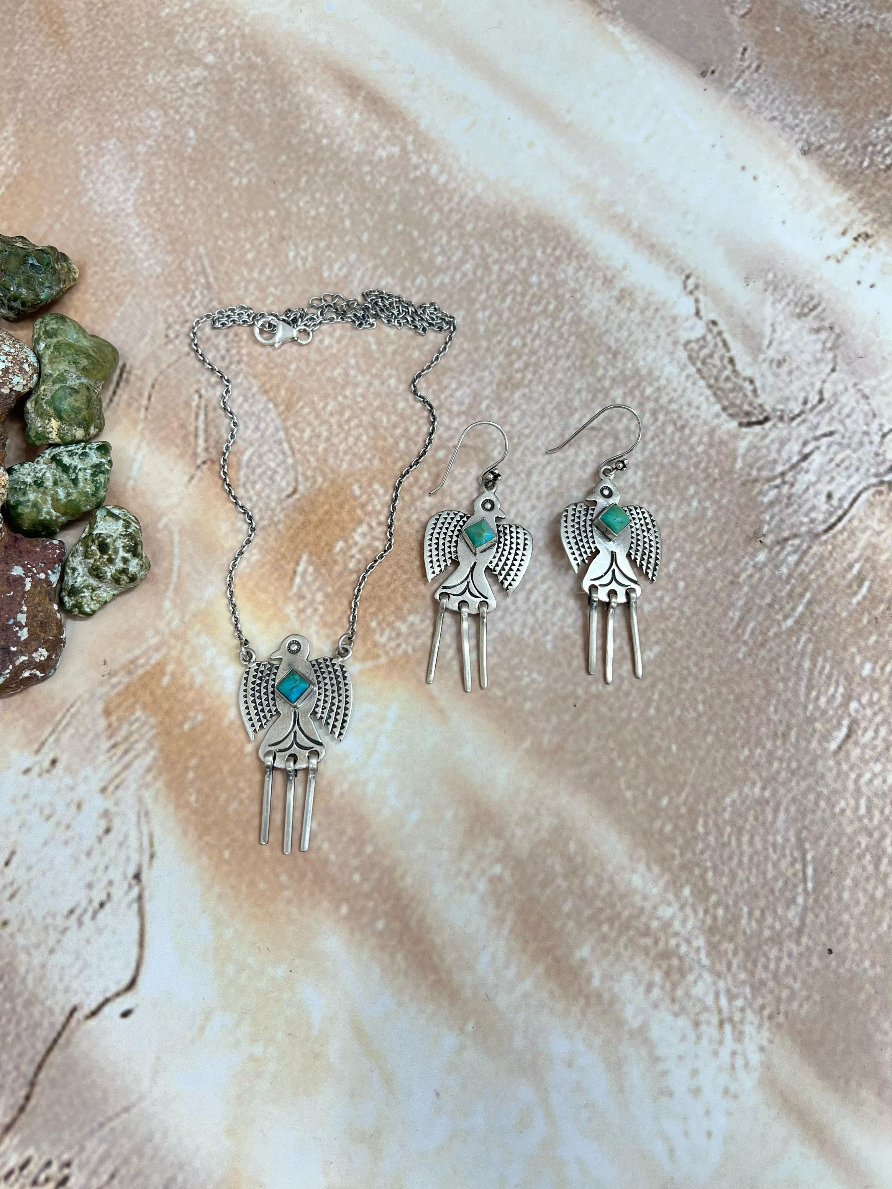 Handmade Sterling Silver Kingman Turquoise Phoenix Bird Necklace Earrings Set with Signed Nizhoni