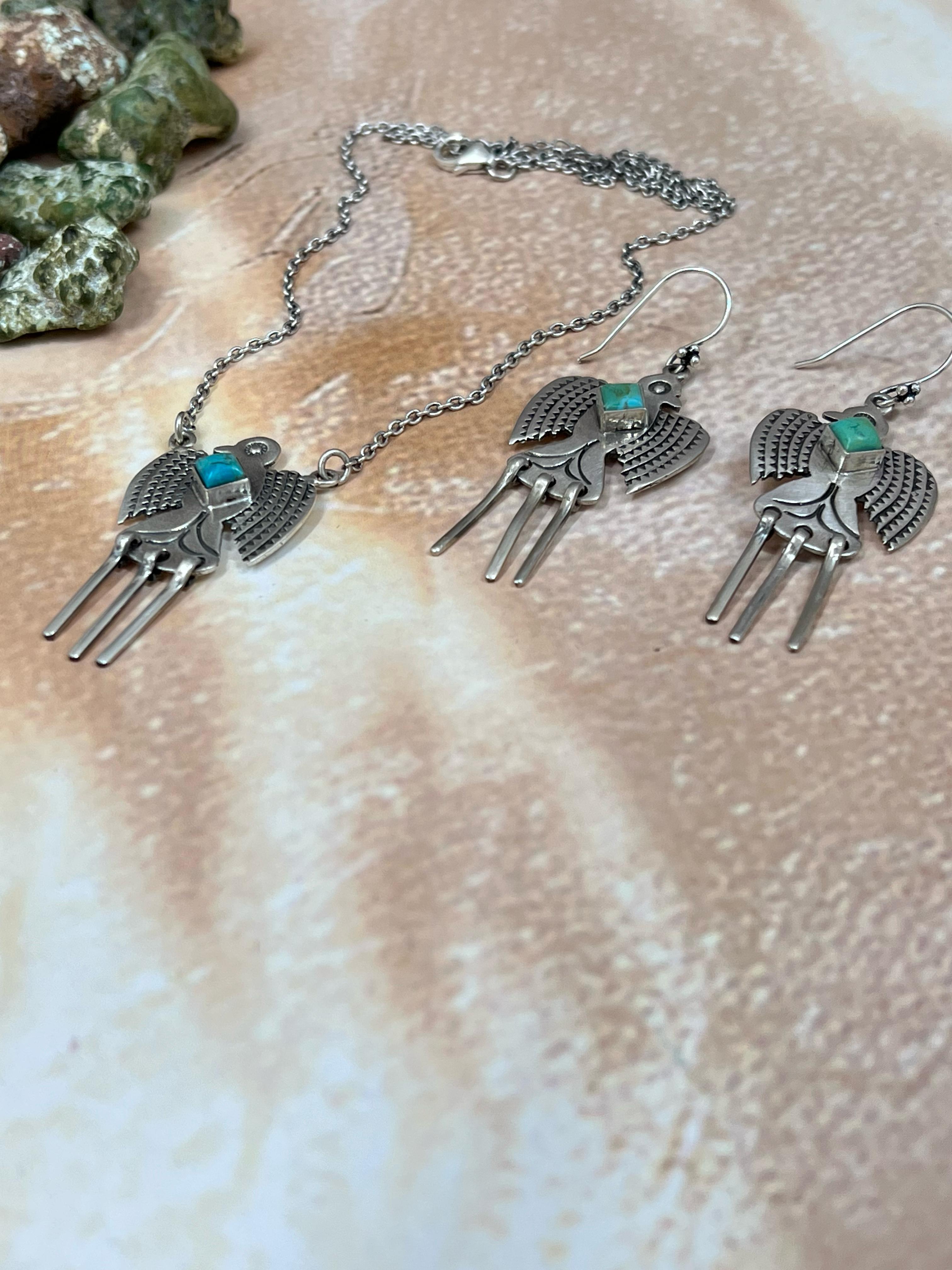 Handmade Sterling Silver Kingman Turquoise Phoenix Bird Necklace Earrings Set with Signed Nizhoni