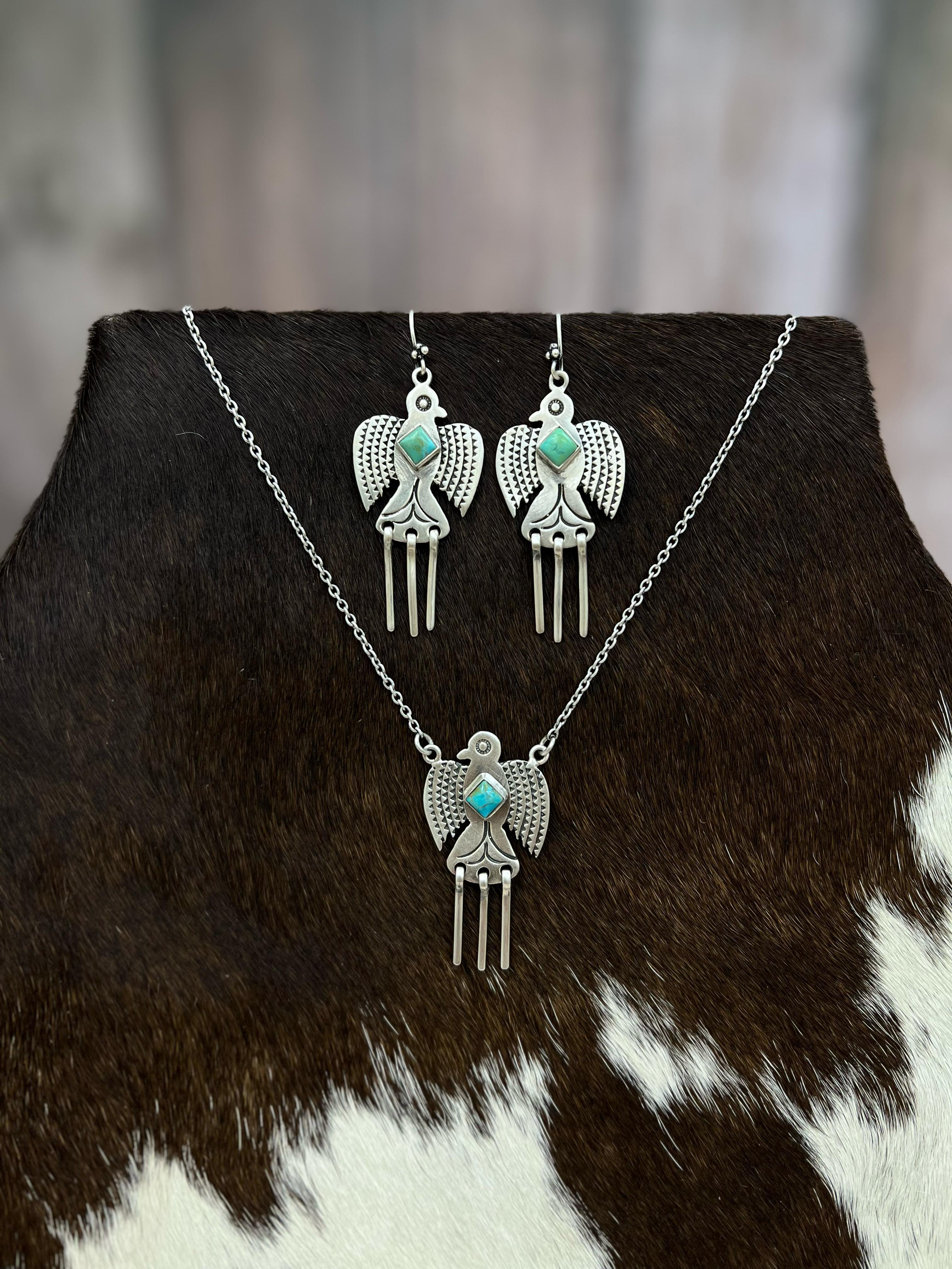 Handmade Sterling Silver Kingman Turquoise Phoenix Bird Necklace Earrings Set with Signed Nizhoni