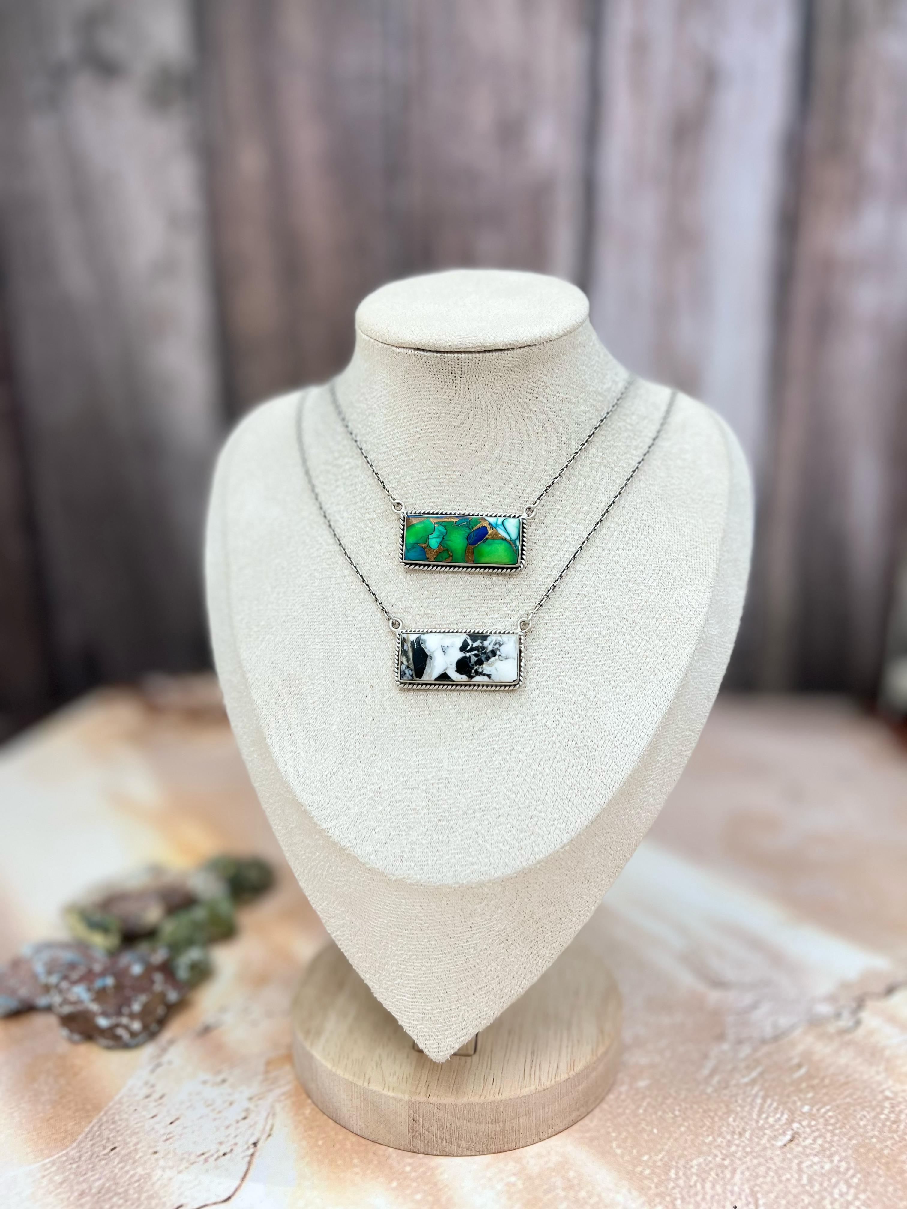 Handmade Sterling Silver White Buffalo, Peacock Dahlia Necklace with Signed Nizhoni