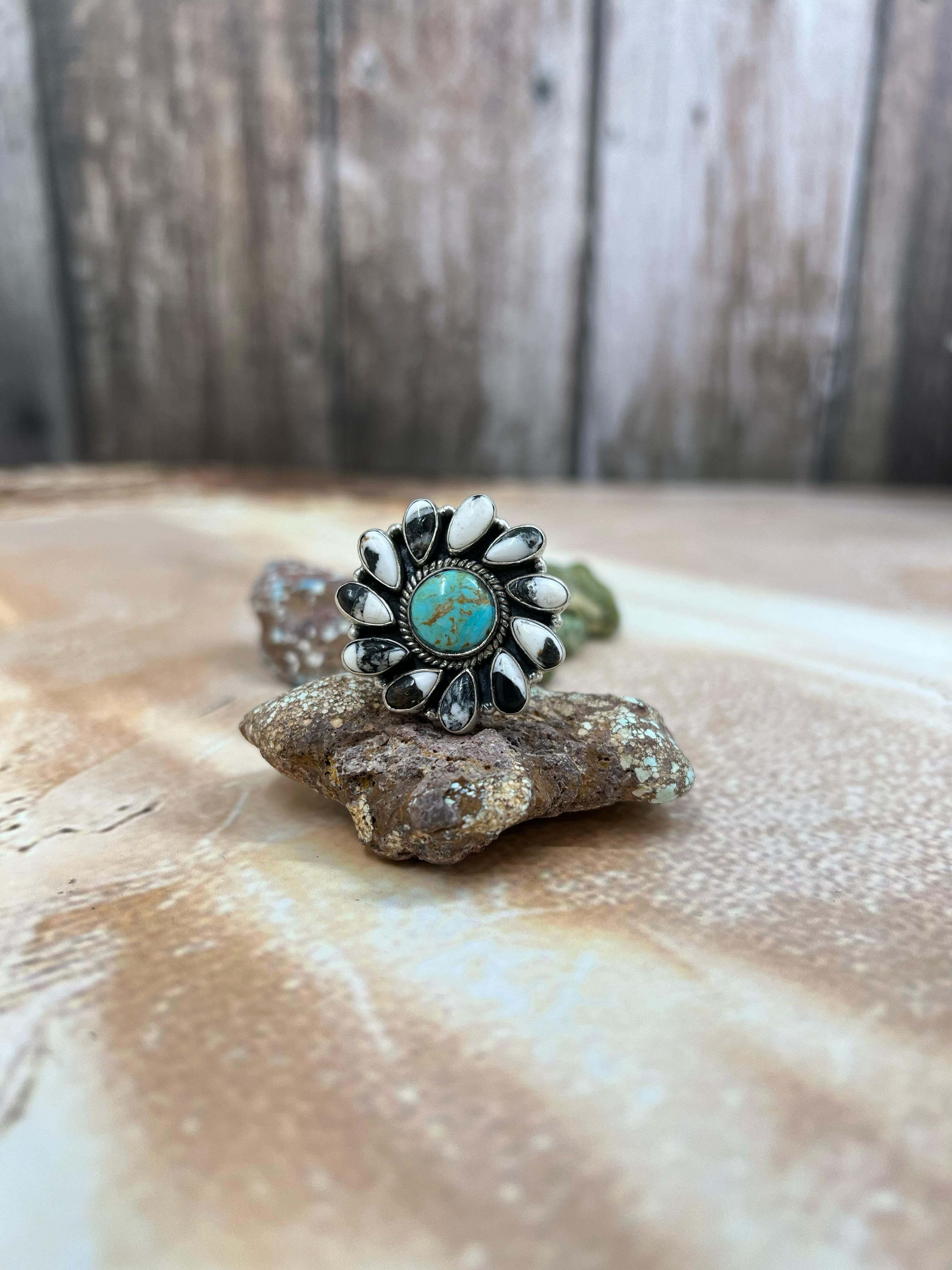 Handmade Sterling Silver Kingman with White Buffalo Turquoise Adjustable Ring, Signed Nizhoni