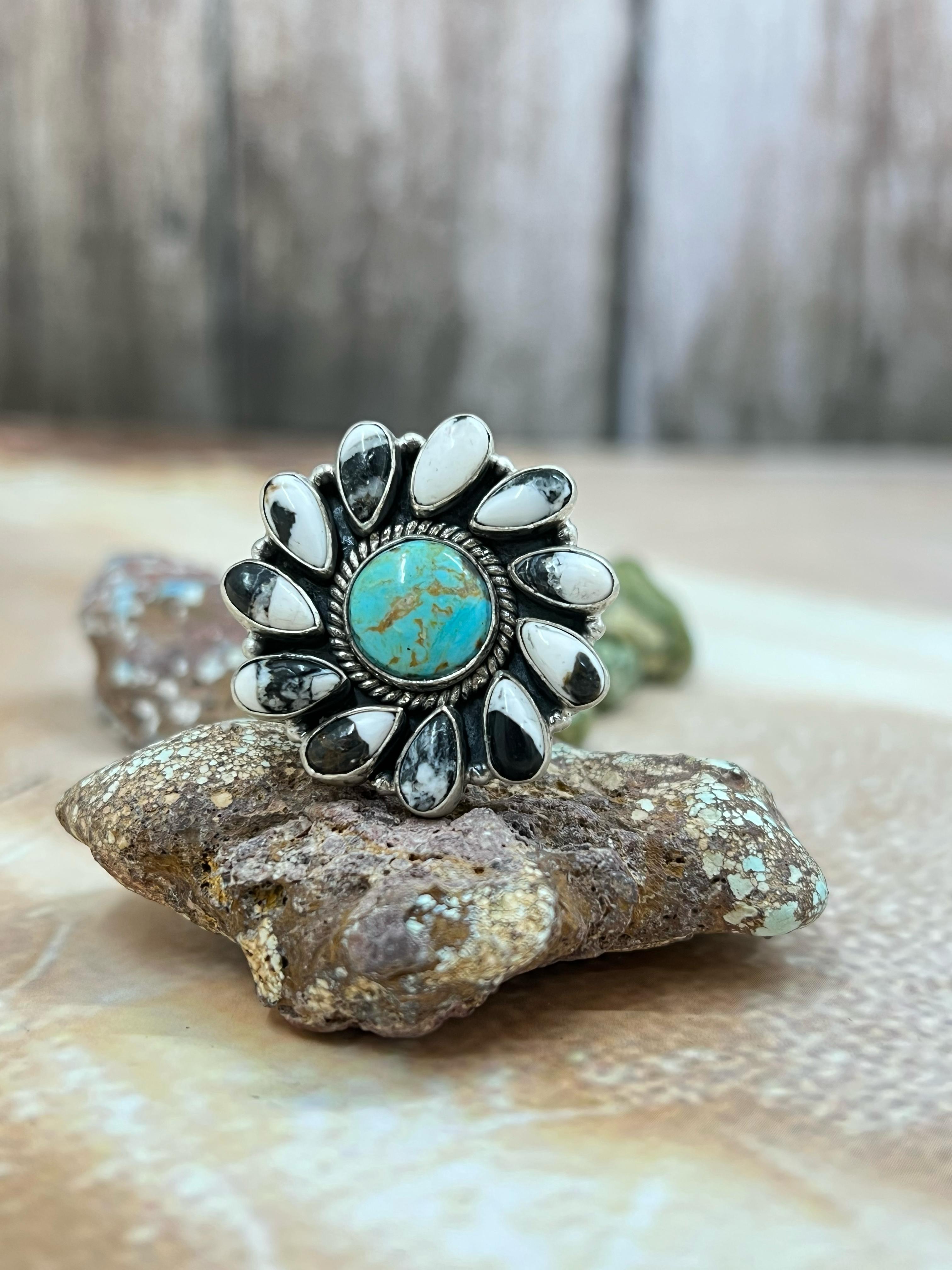 Handmade Sterling Silver Kingman with White Buffalo Turquoise Adjustable Ring, Signed Nizhoni