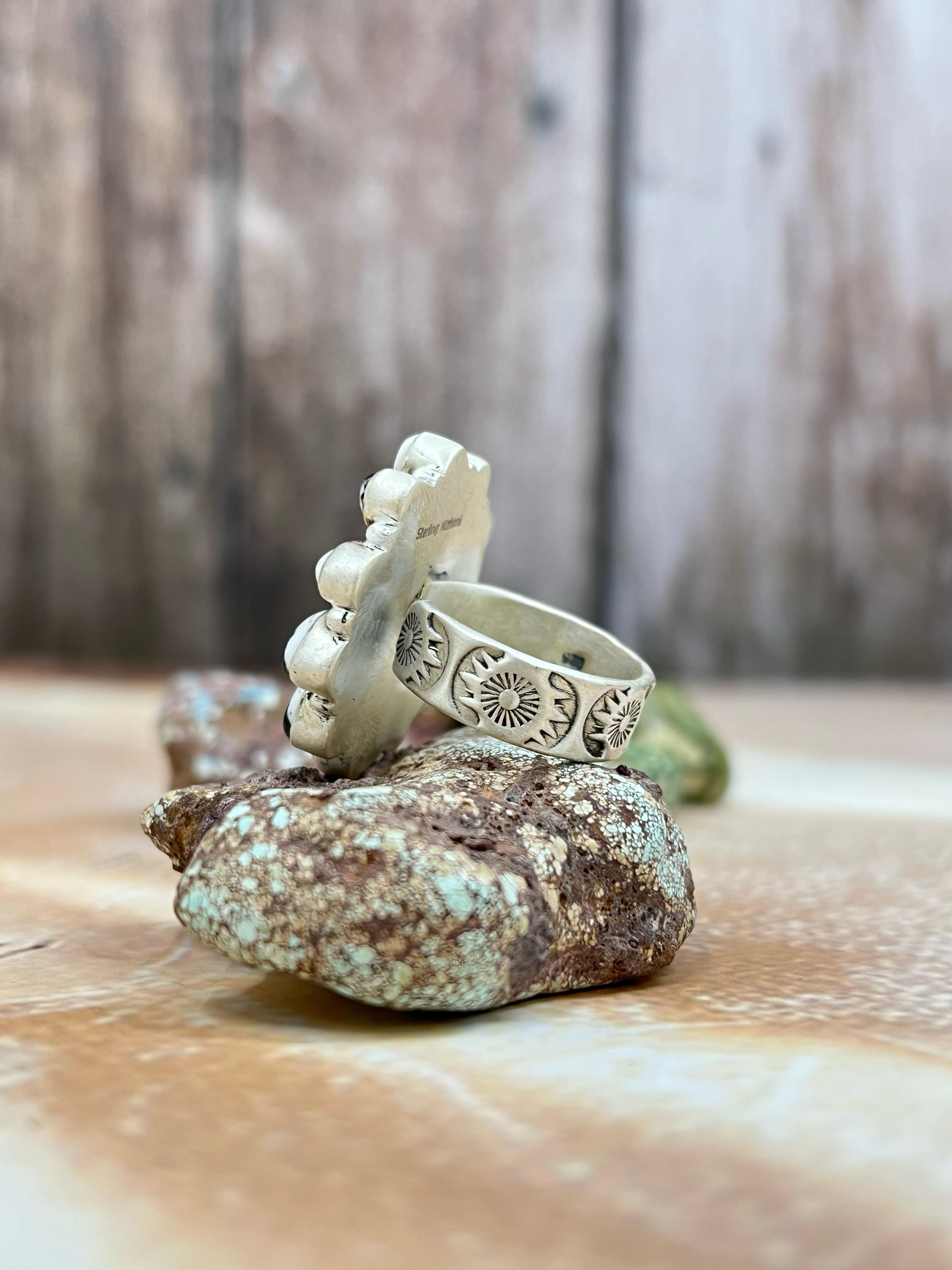Handmade Sterling Silver Kingman with White Buffalo Turquoise Adjustable Ring, Signed Nizhoni
