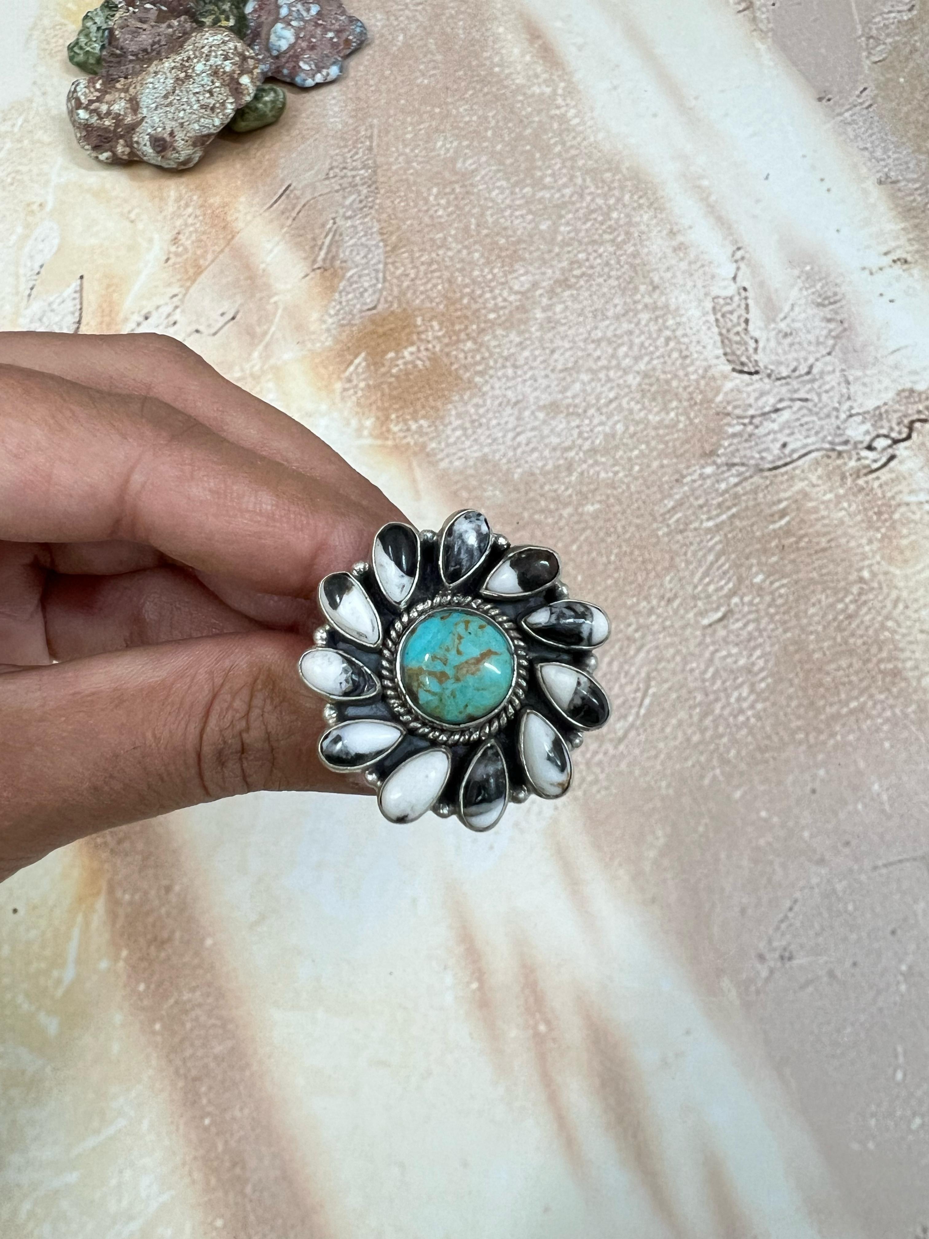 Handmade Sterling Silver Kingman with White Buffalo Turquoise Adjustable Ring, Signed Nizhoni