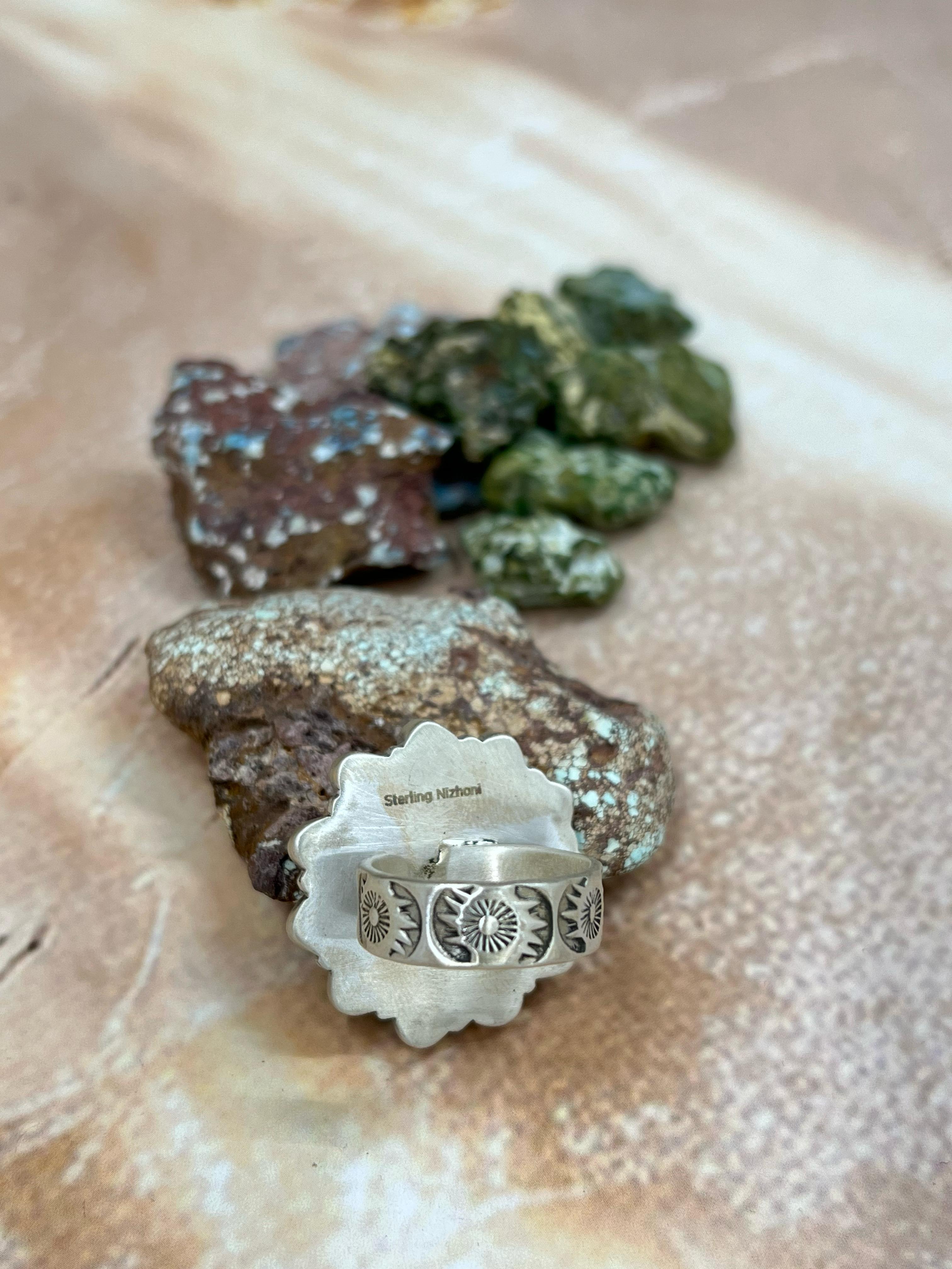 Handmade Sterling Silver Kingman with White Buffalo Turquoise Adjustable Ring, Signed Nizhoni