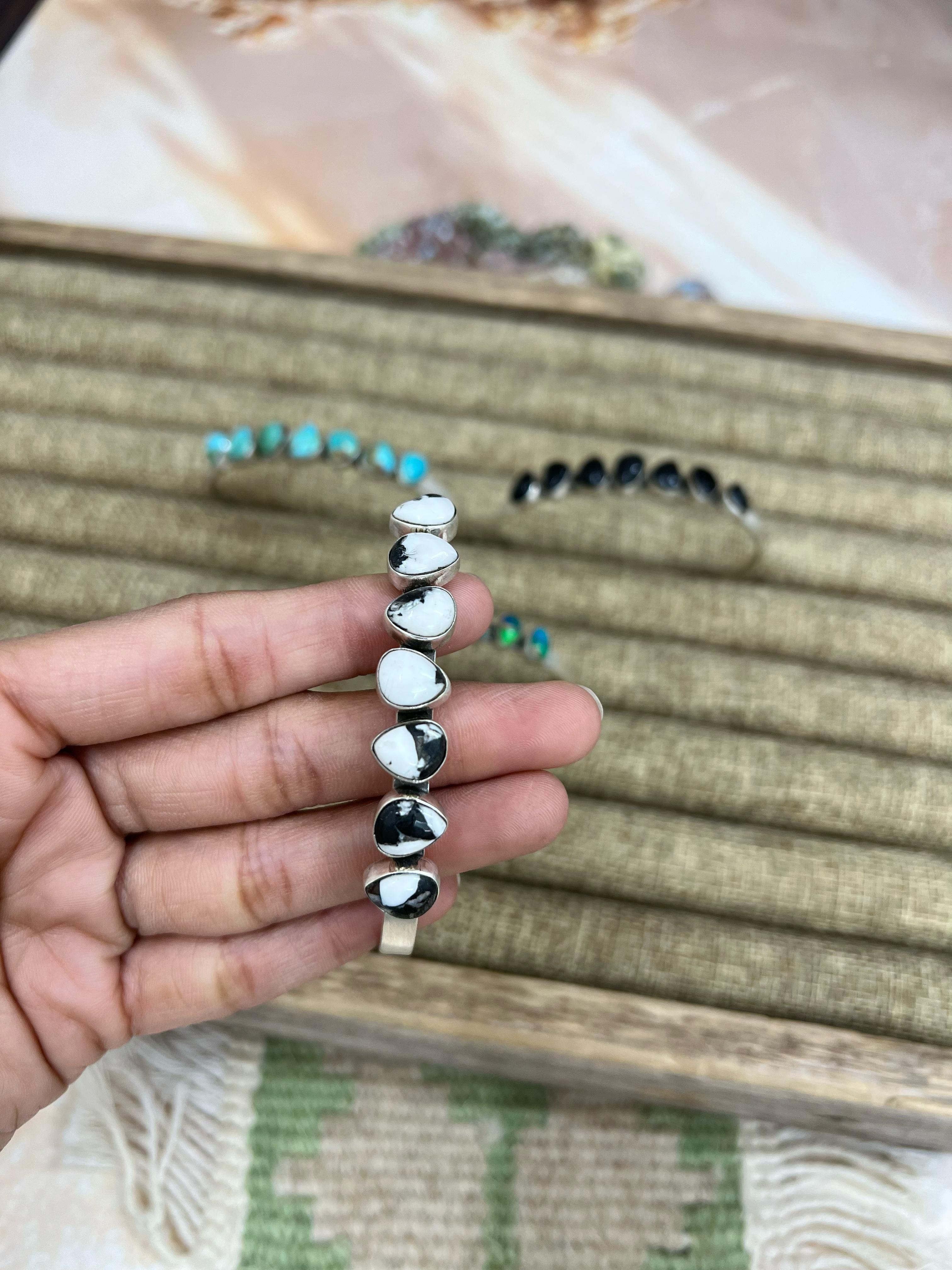 Handmade Sterling Silver Multi Stone Cuff Bracelet with Signed Nizhoni