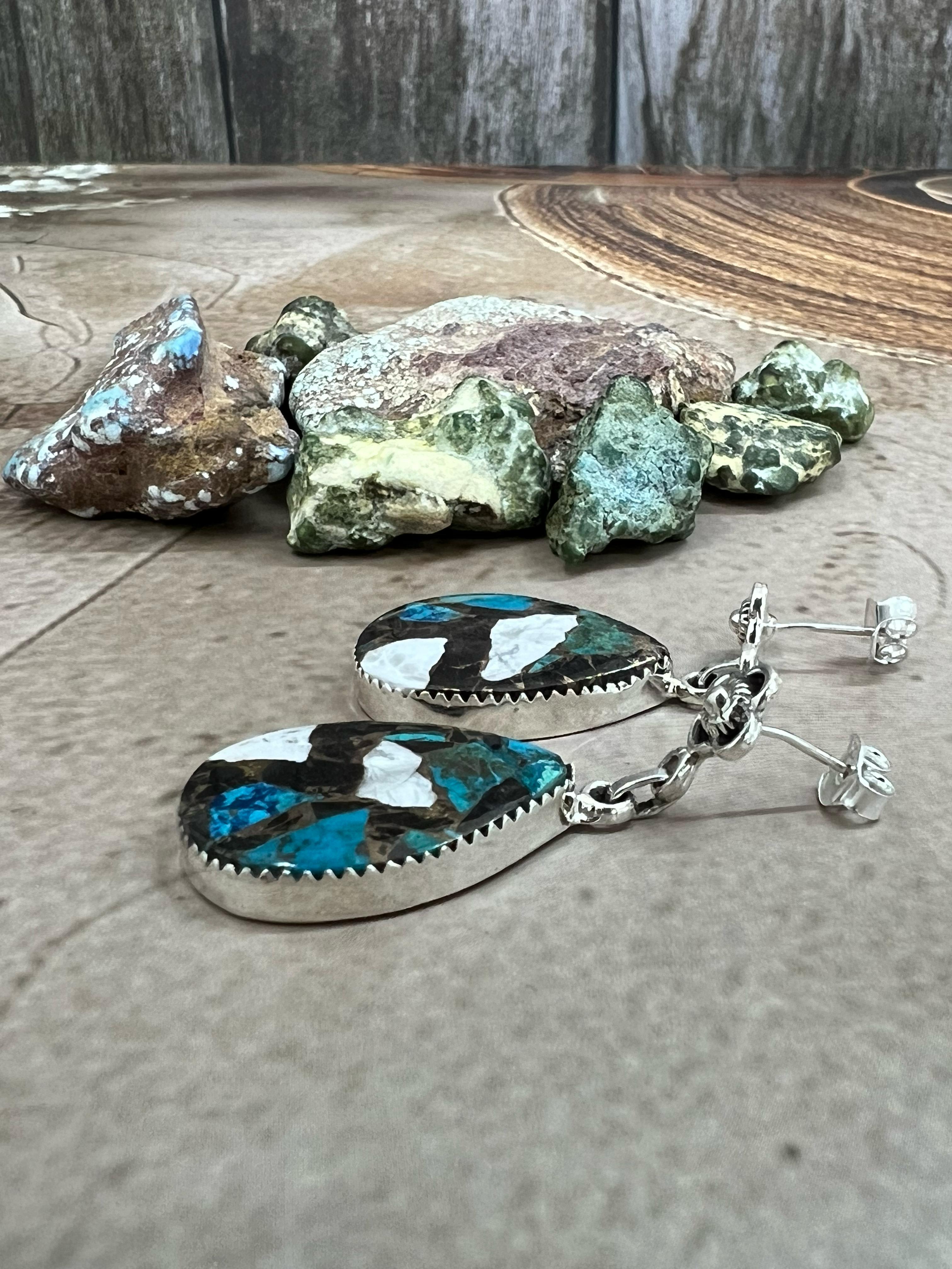 Handmade Sterling Silver Chrysocolla White Buffalo Turquoise Dangles Earrings with Signed Nizhoni
