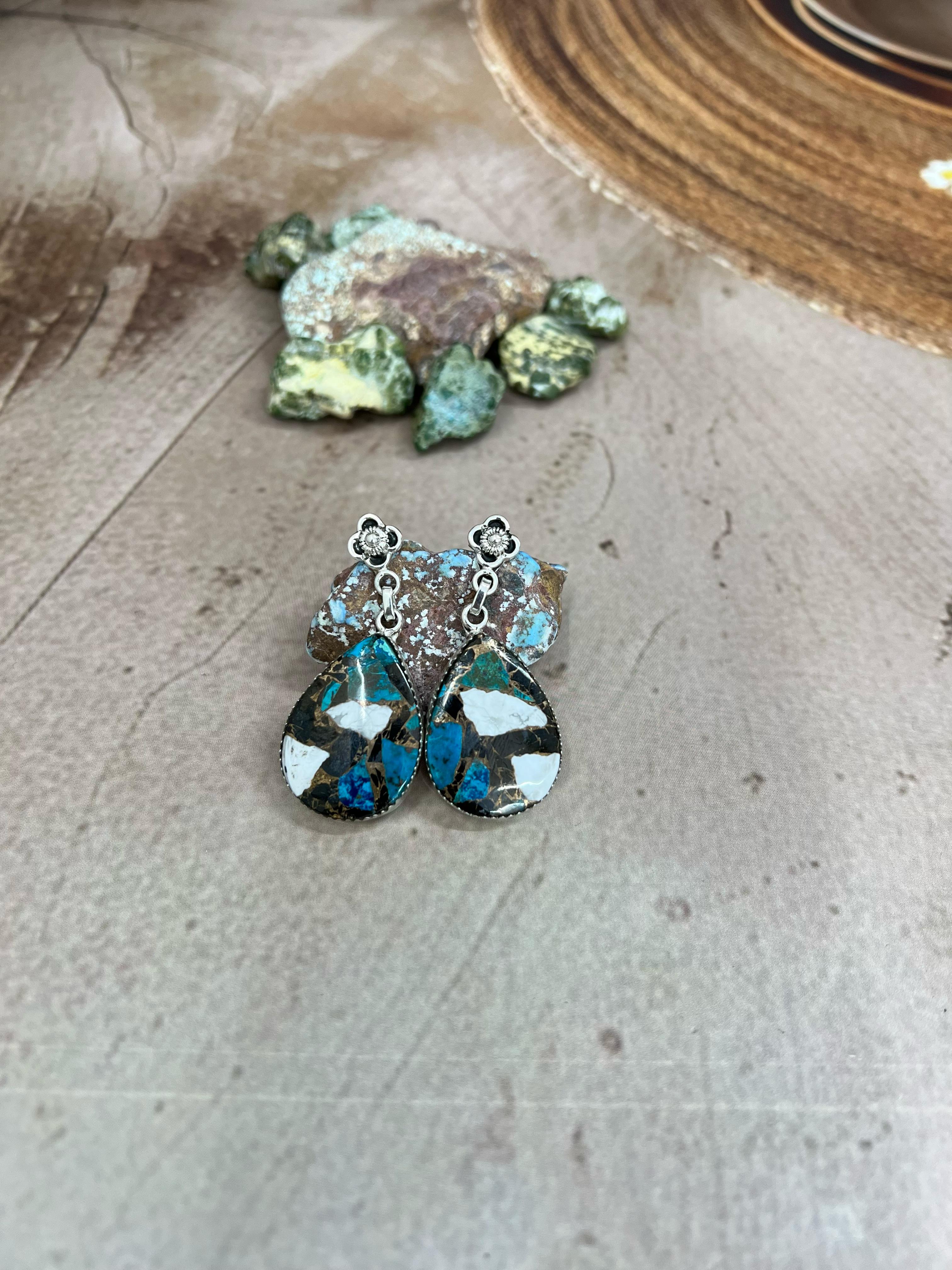 Handmade Sterling Silver Chrysocolla White Buffalo Turquoise Dangles Earrings with Signed Nizhoni