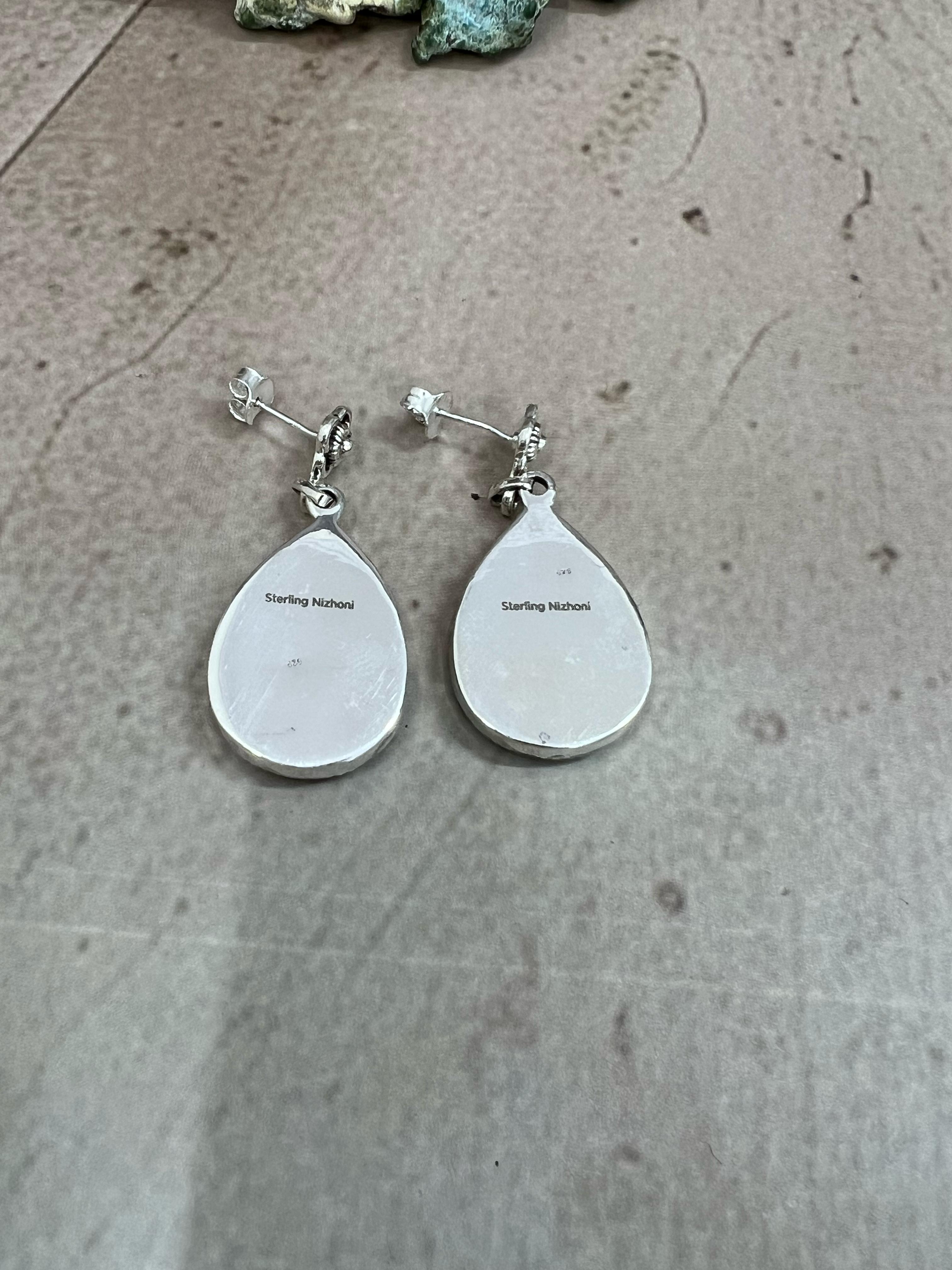 Handmade Sterling Silver Chrysocolla White Buffalo Turquoise Dangles Earrings with Signed Nizhoni
