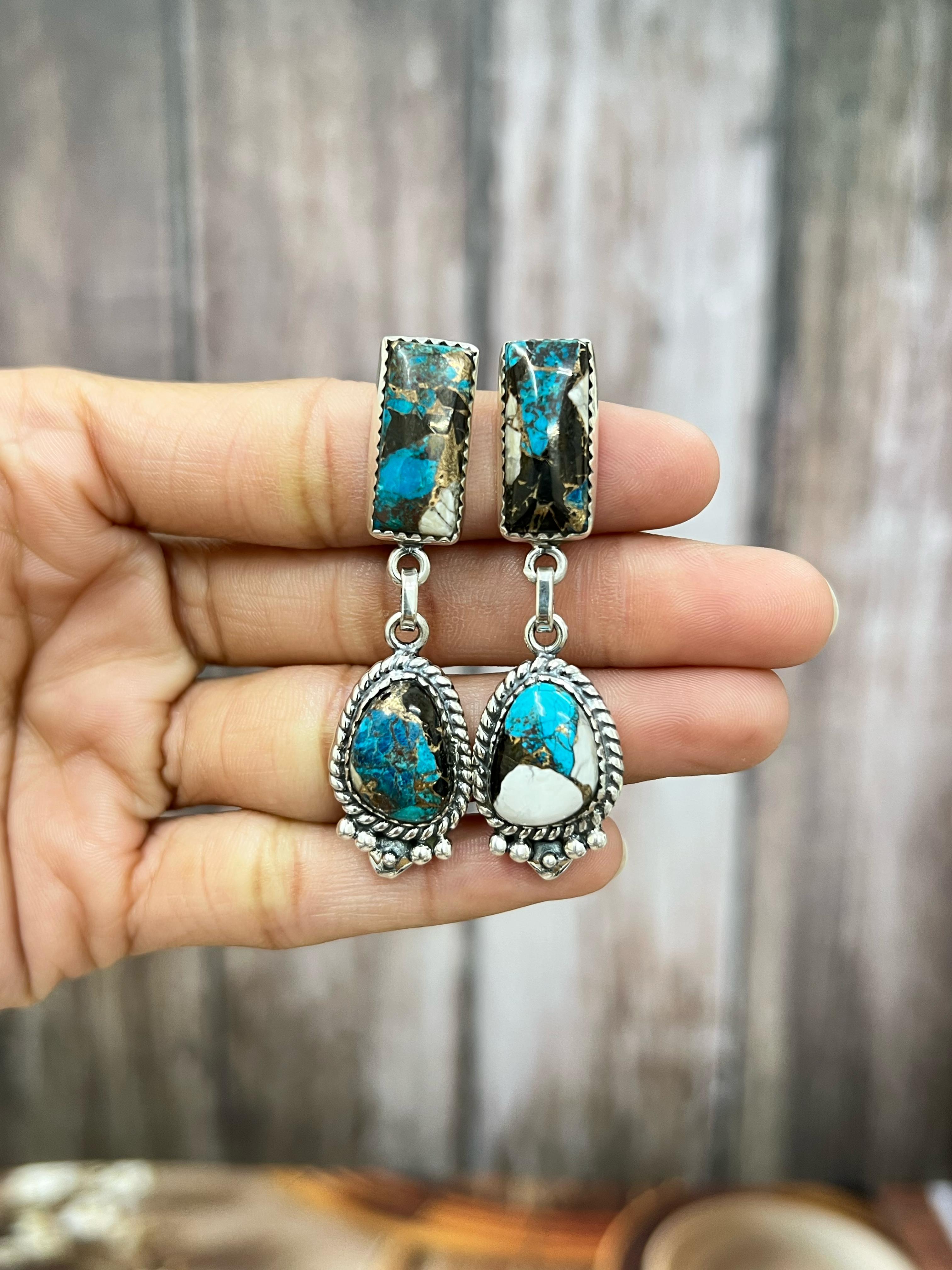 Handmade Sterling Silver Chrysocolla White Buffalo Turquoise Dangles Earrings with Signed Nizhoni