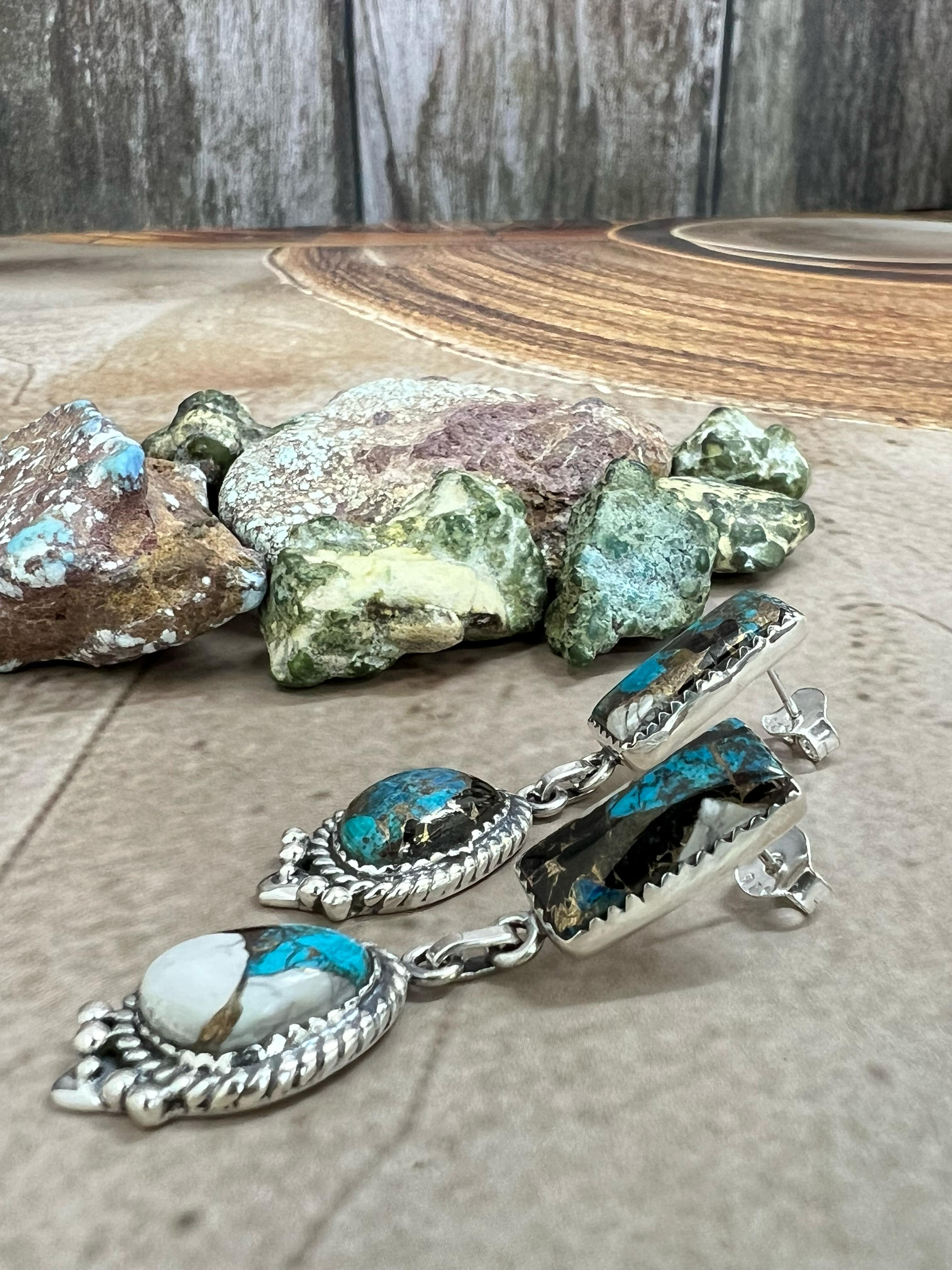 Handmade Sterling Silver Chrysocolla White Buffalo Turquoise Dangles Earrings with Signed Nizhoni