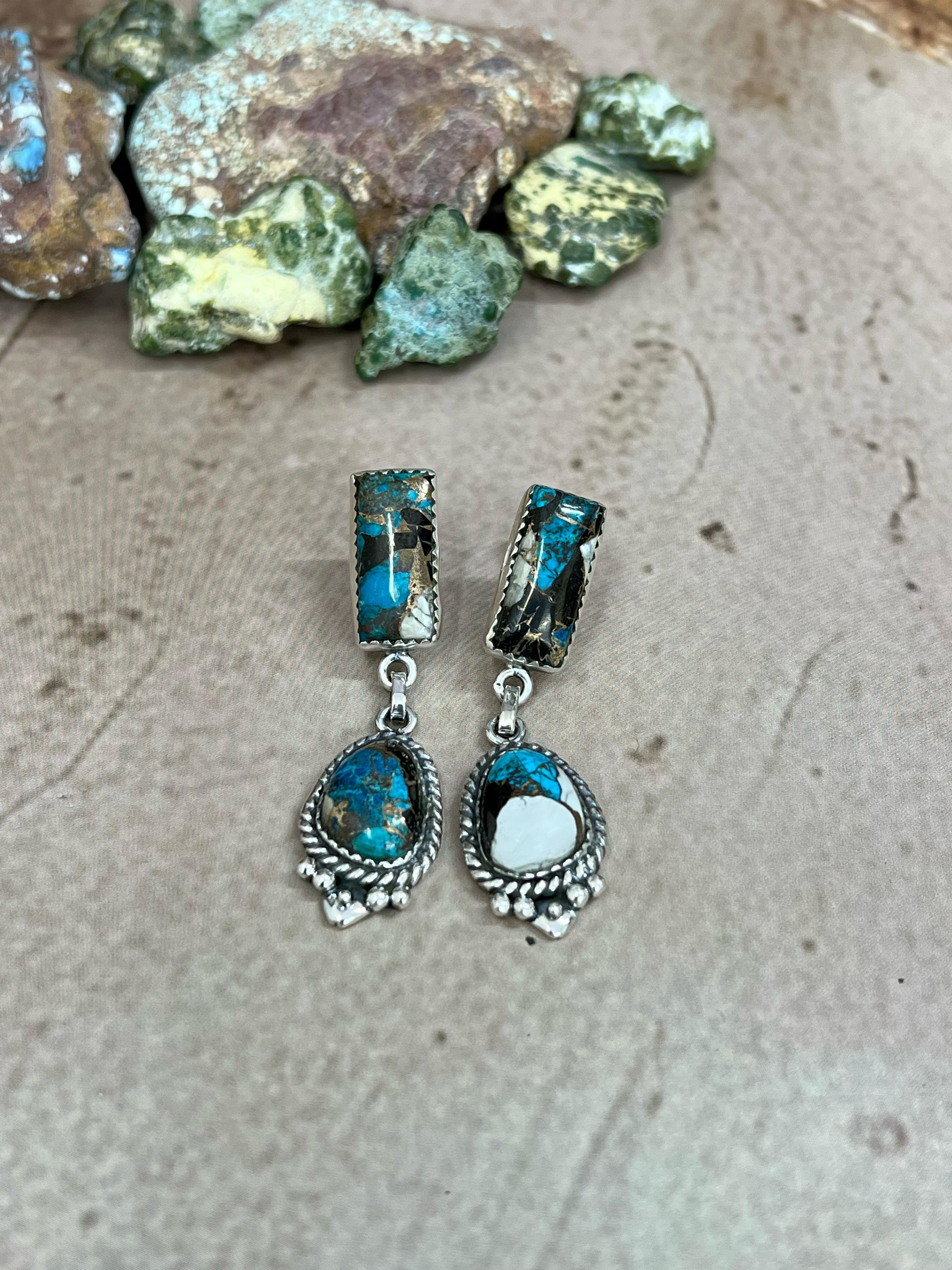 Handmade Sterling Silver Chrysocolla White Buffalo Turquoise Dangles Earrings with Signed Nizhoni