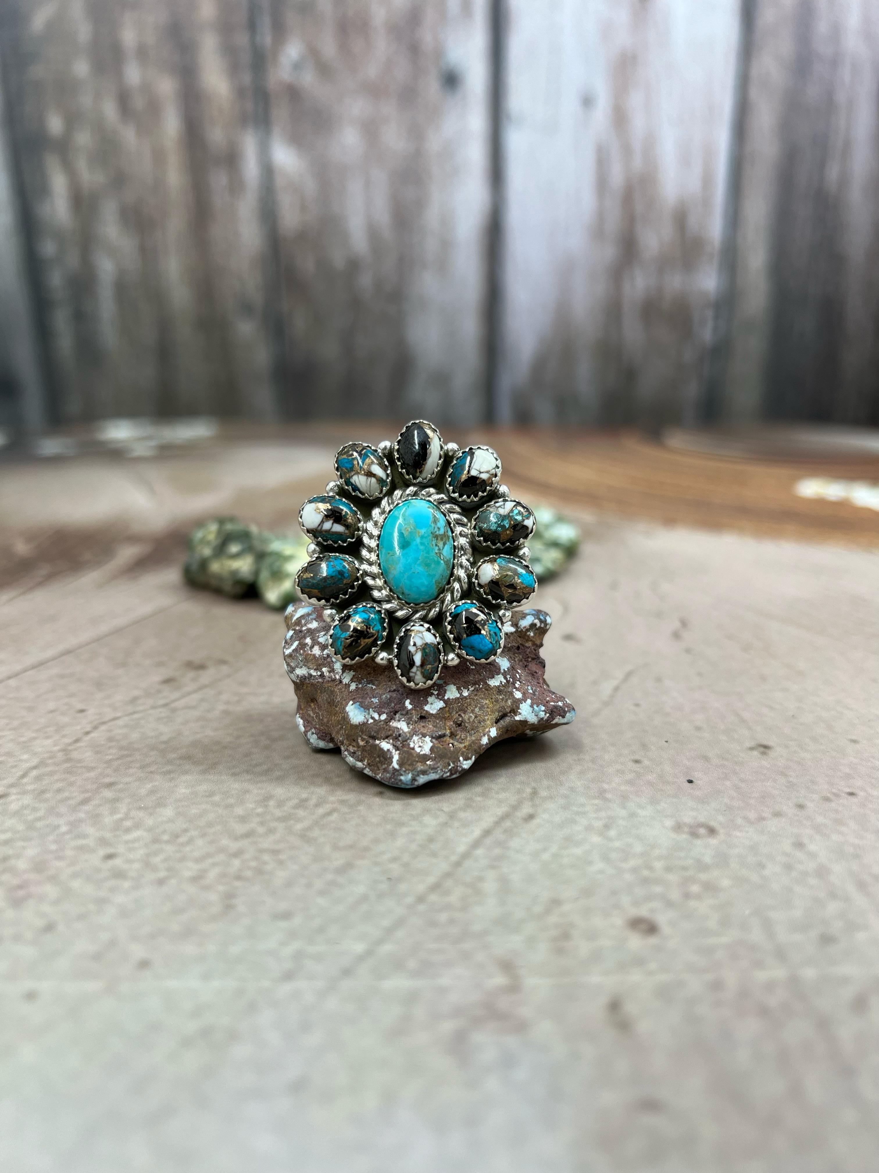 Handmade Sterling Silver Kingman with Chrysocolla White Buffalo Turquoise Adjustable Ring, Signed Nizhoni