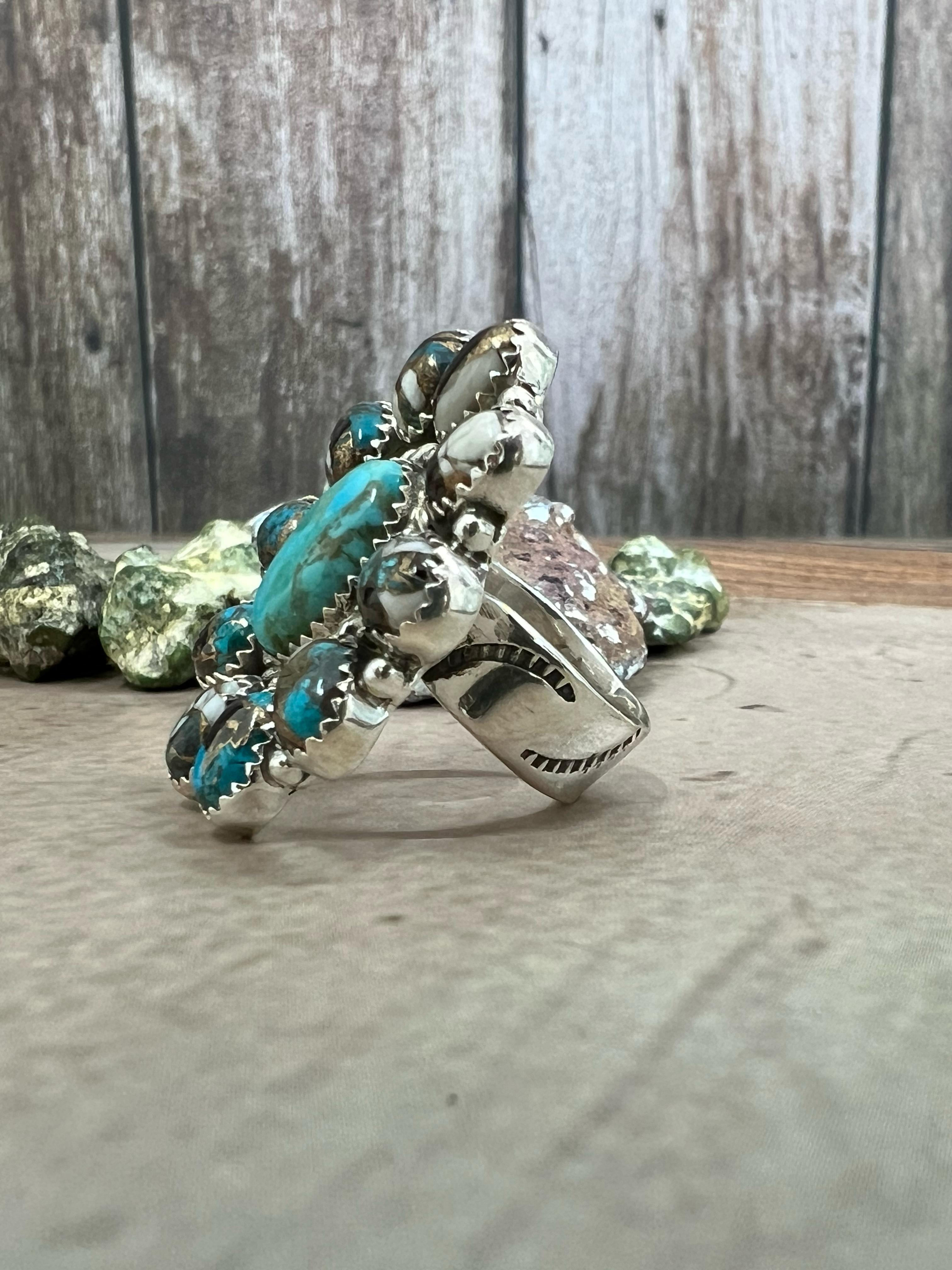 Handmade Sterling Silver Kingman with Chrysocolla White Buffalo Turquoise Adjustable Ring, Signed Nizhoni