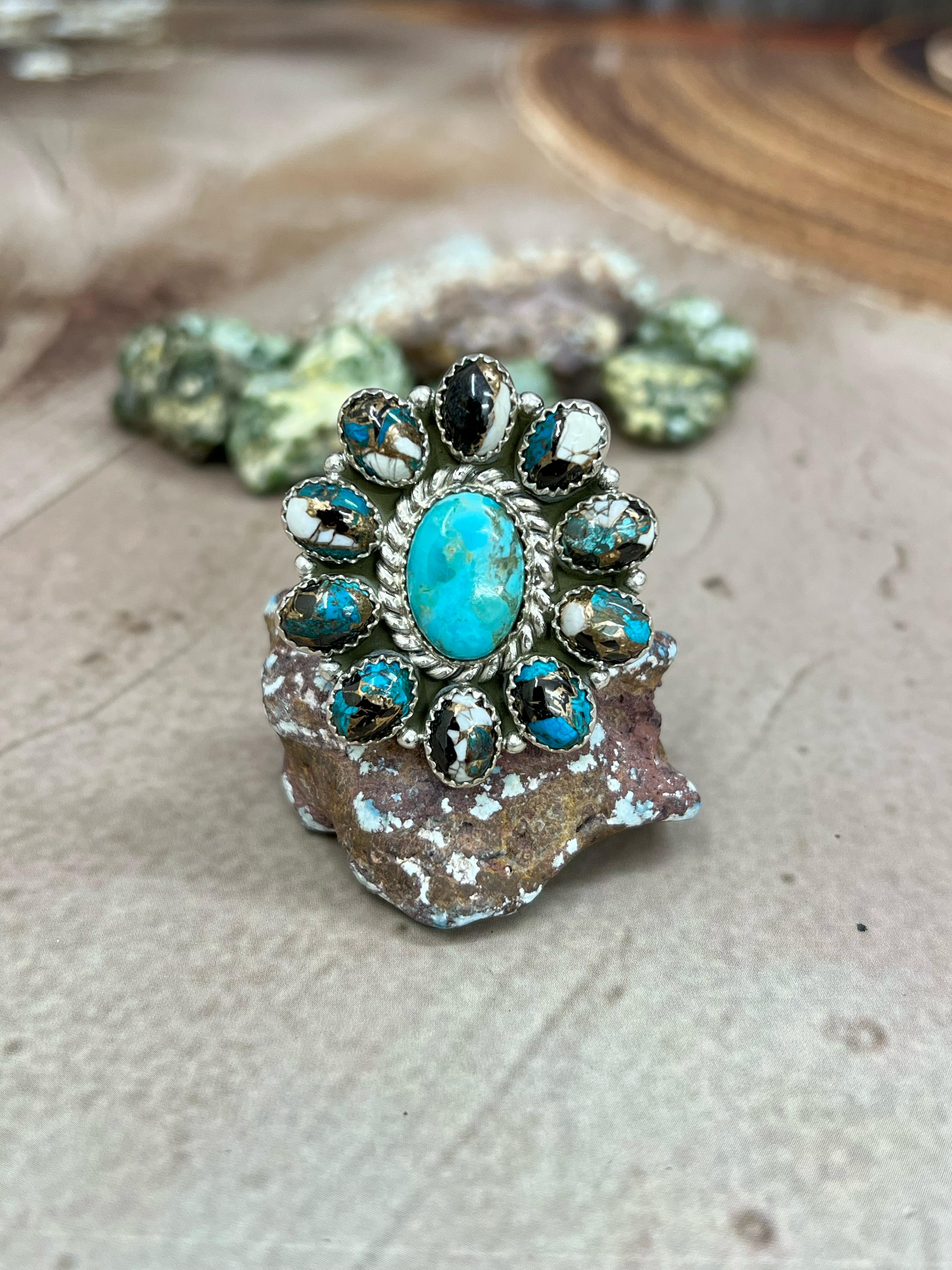 Handmade Sterling Silver Kingman with Chrysocolla White Buffalo Turquoise Adjustable Ring, Signed Nizhoni