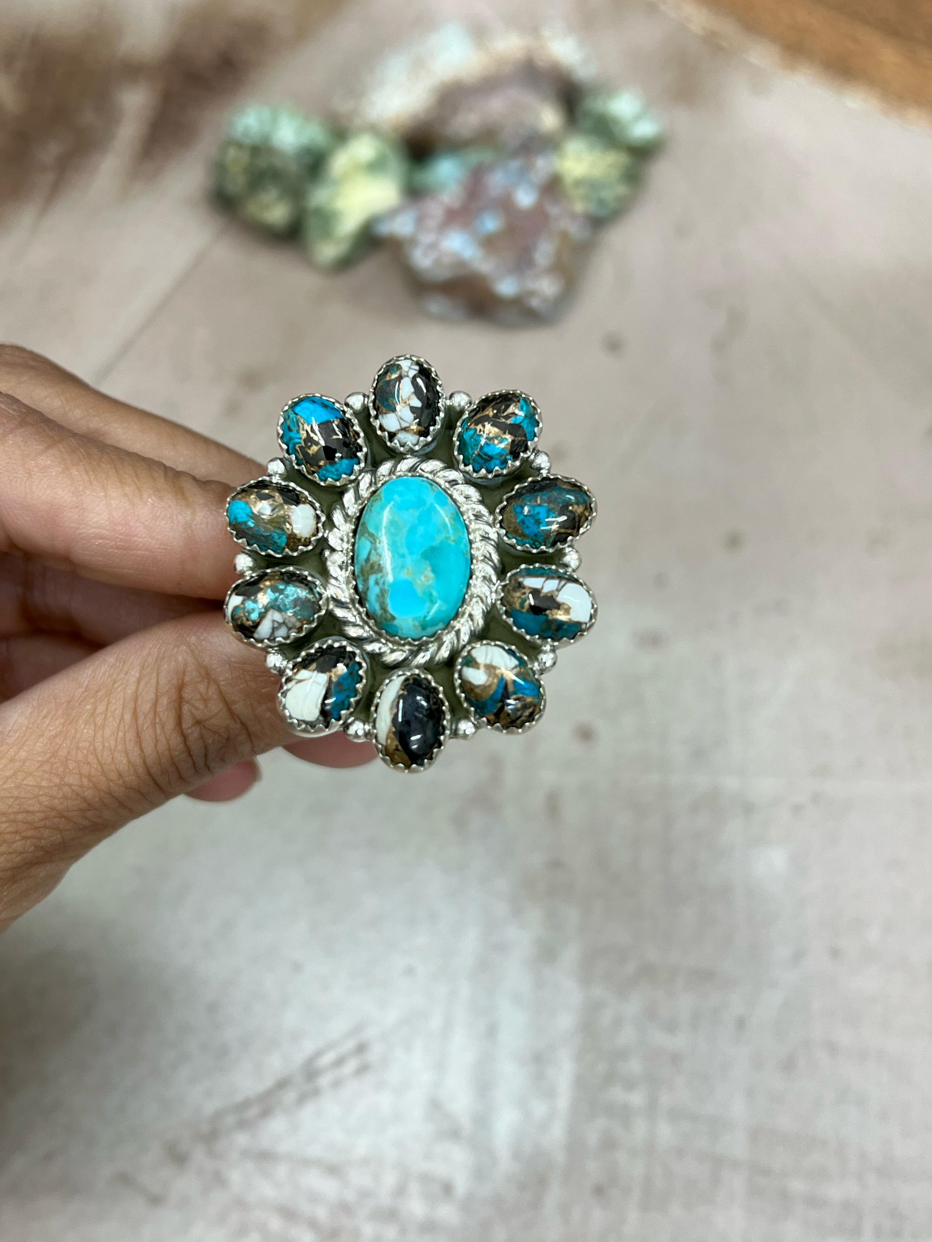 Handmade Sterling Silver Kingman with Chrysocolla White Buffalo Turquoise Adjustable Ring, Signed Nizhoni