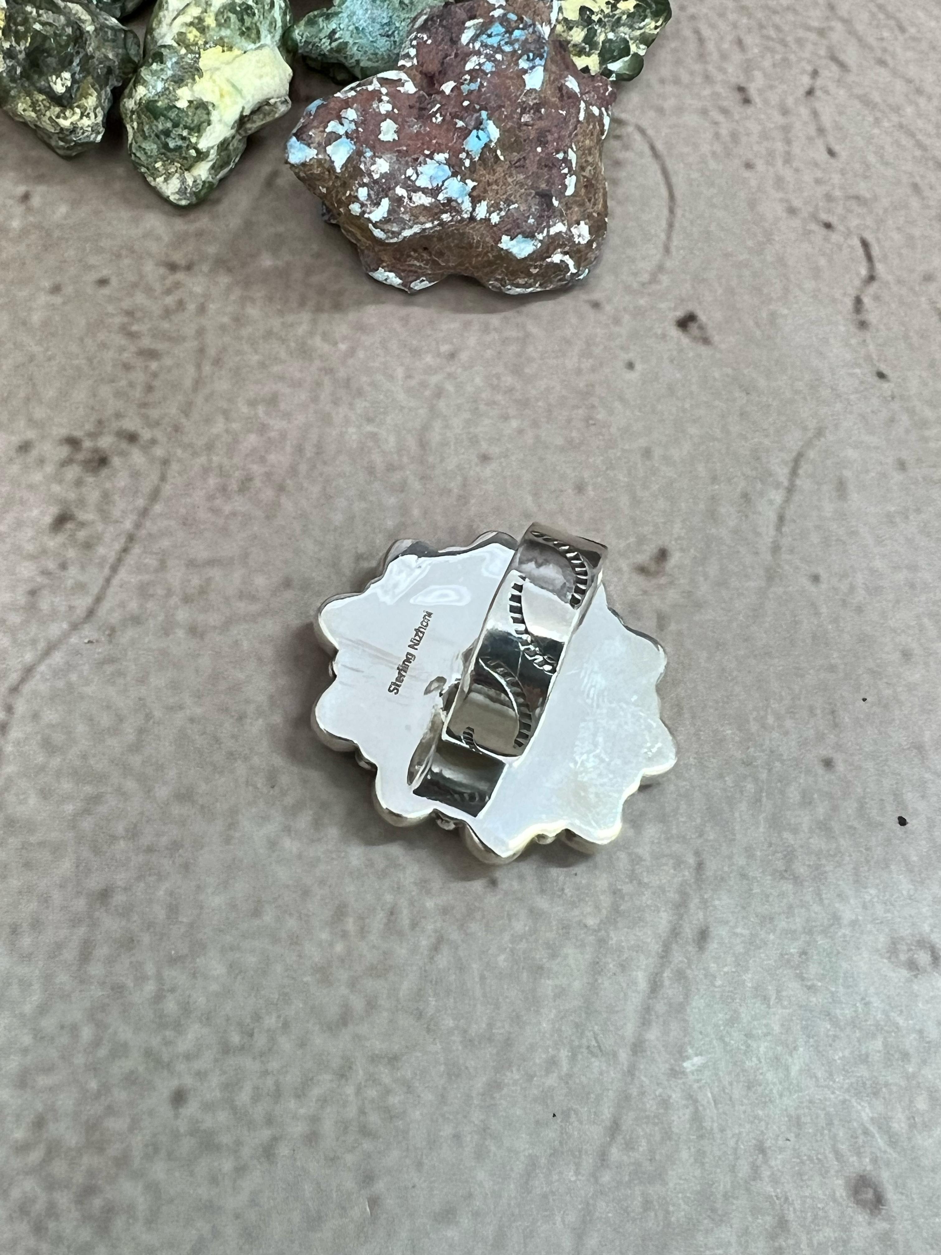 Handmade Sterling Silver Kingman with Chrysocolla White Buffalo Turquoise Adjustable Ring, Signed Nizhoni