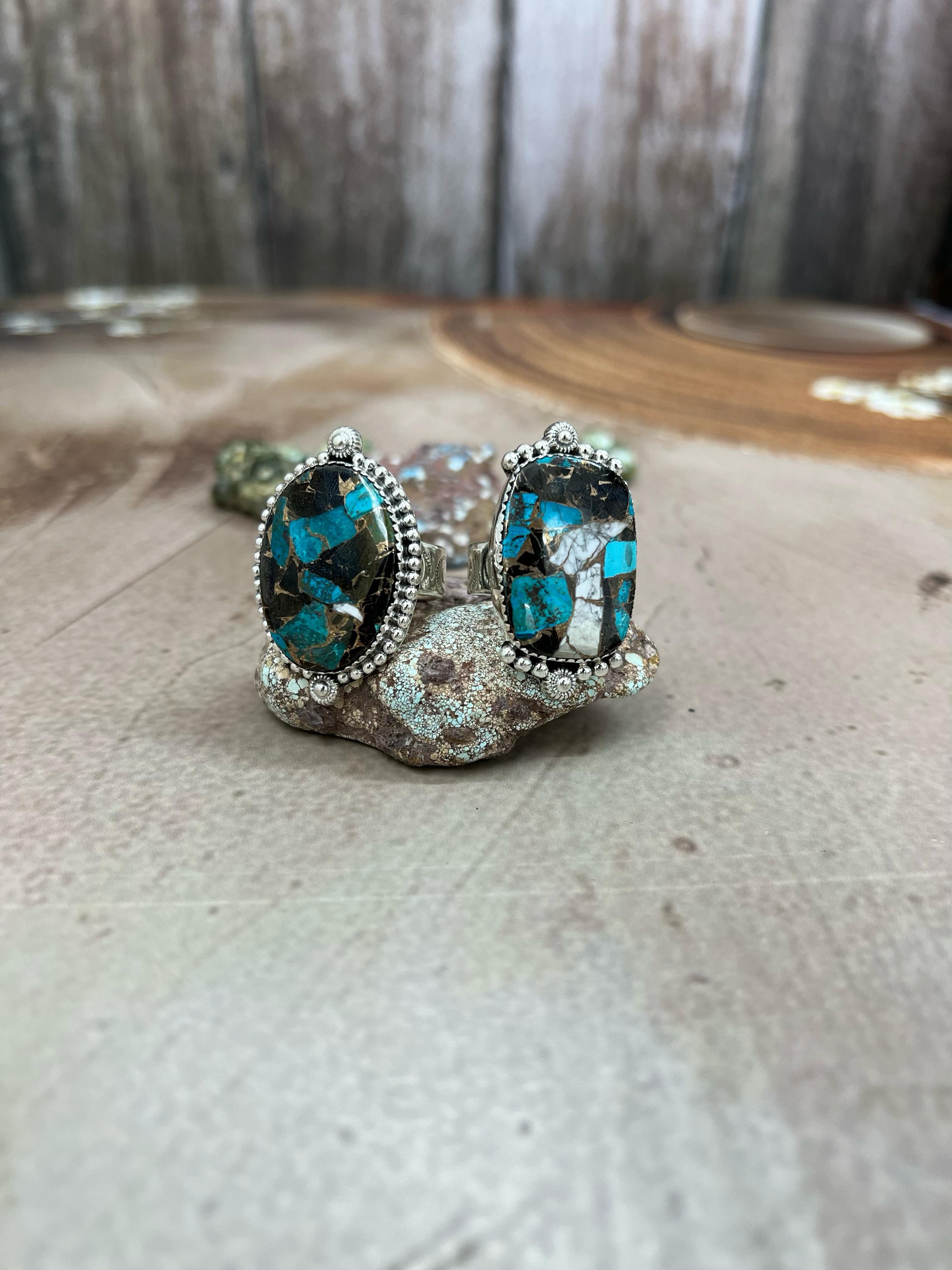 Handmade Sterling Silver Chrysocolla White Buffalo Turquoise Adjustable Ring With Signed Nizhoni