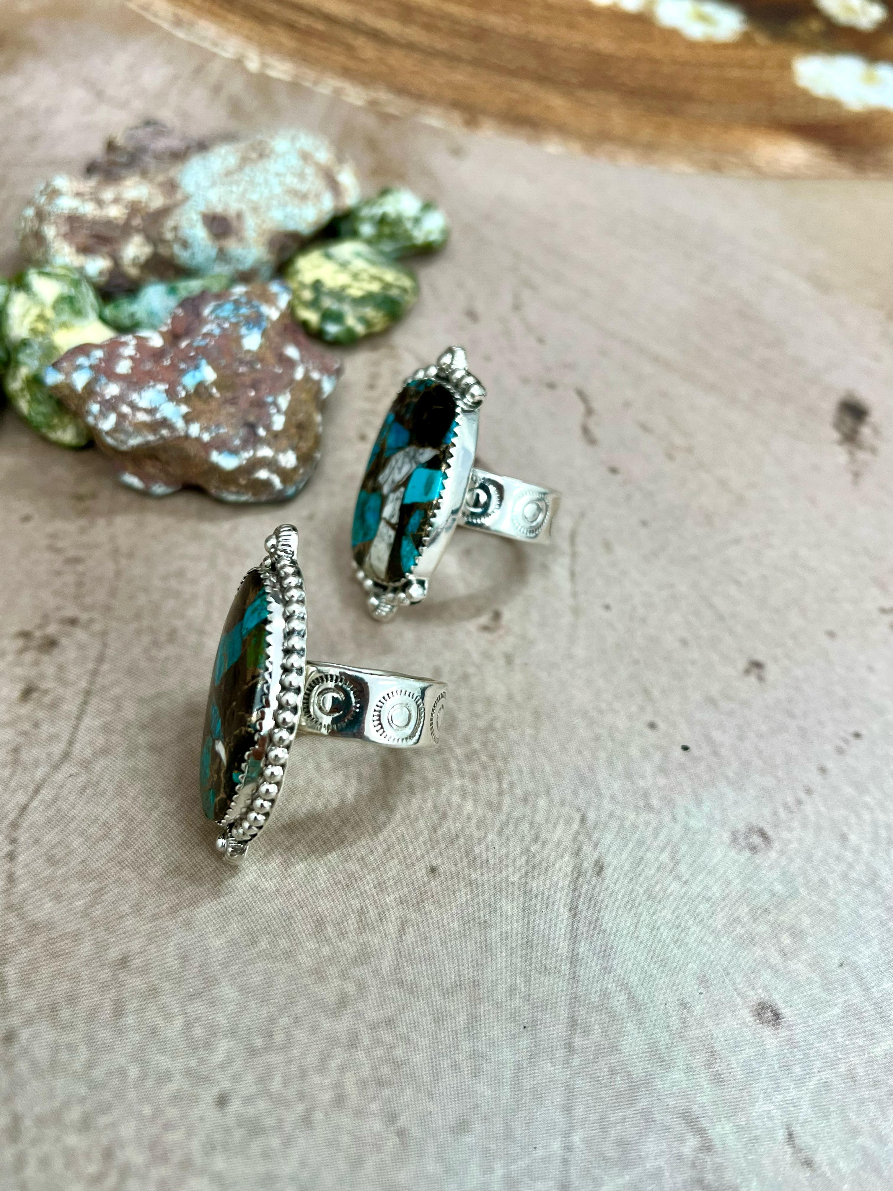 Handmade Sterling Silver Chrysocolla White Buffalo Turquoise Adjustable Ring With Signed Nizhoni