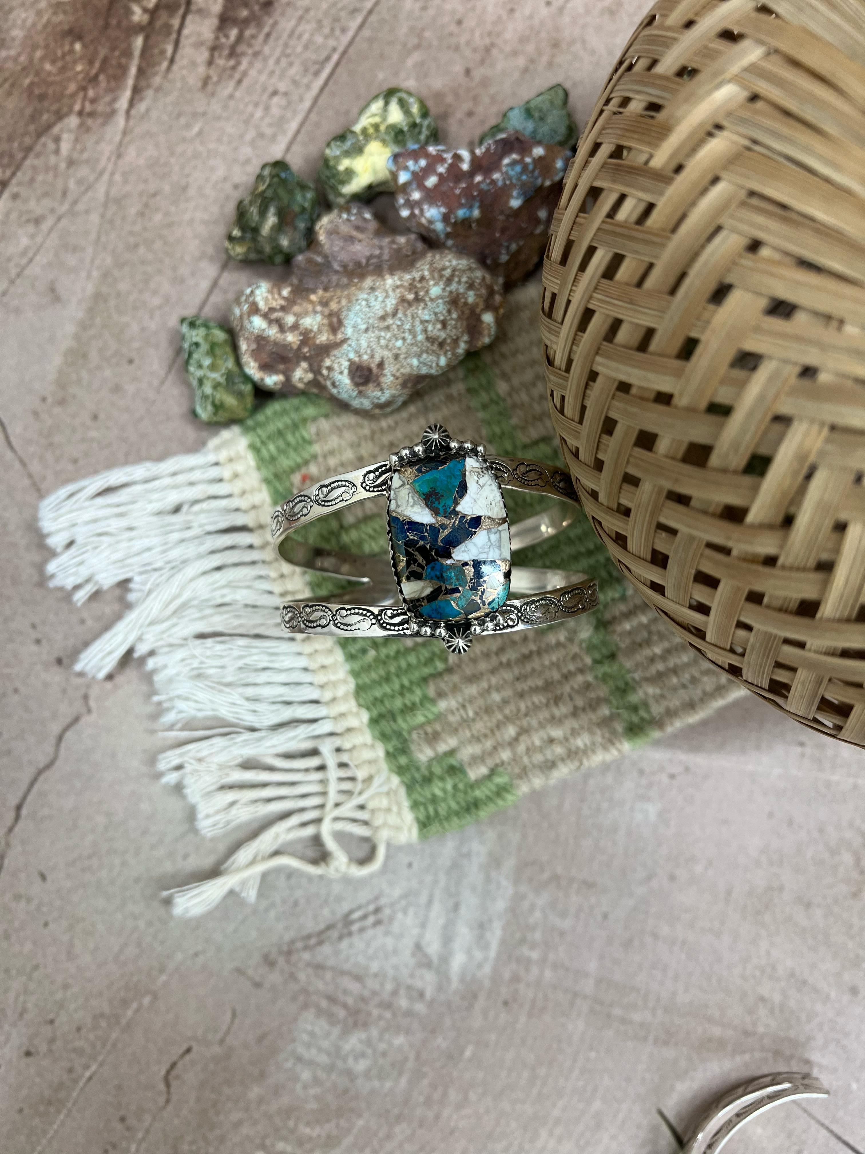 Handmade Sterling Silver Chrysocolla White Buffalo Turquoise Cuff Bracelet with Signed Nizhoni