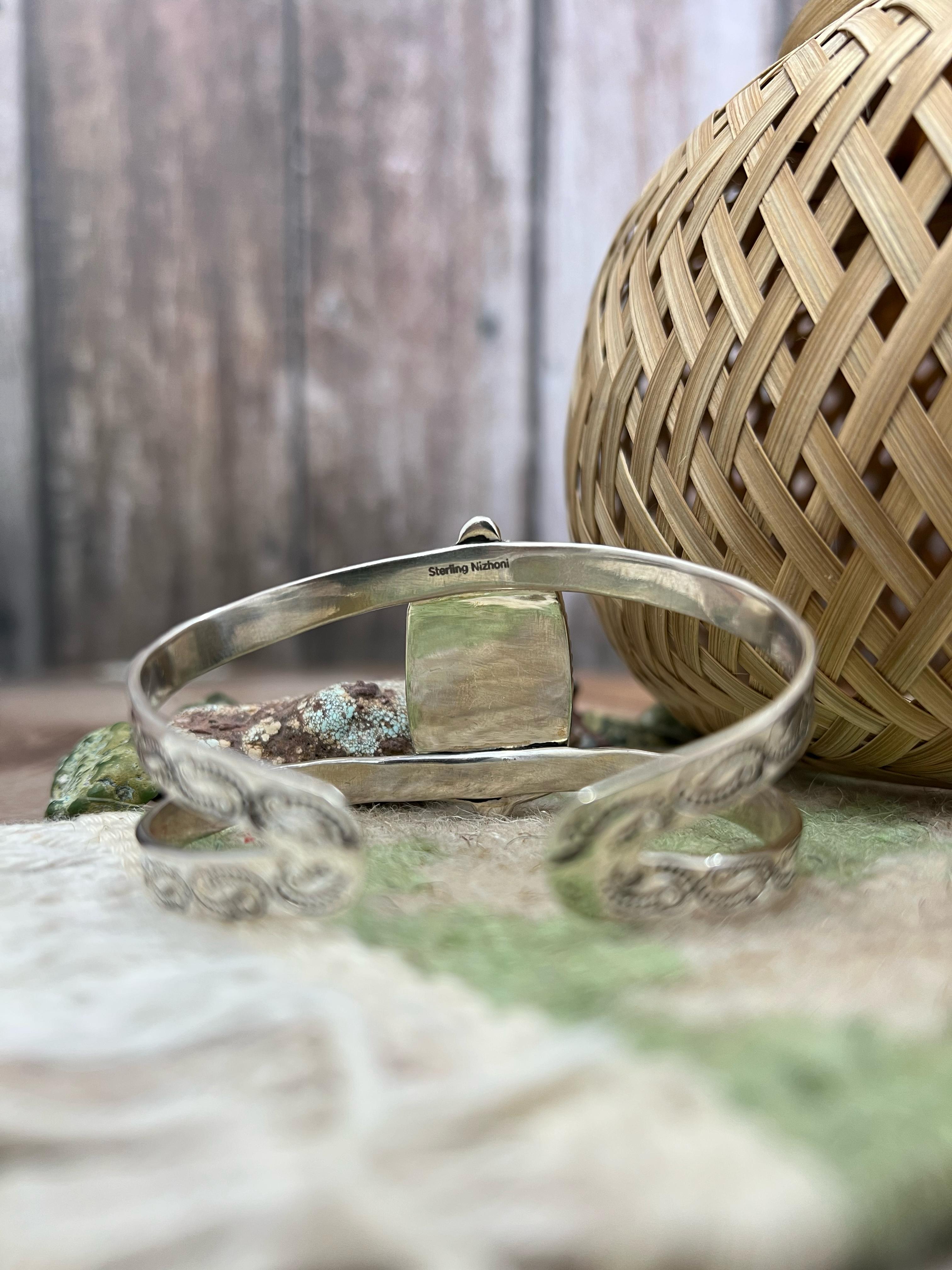 Handmade Sterling Silver Chrysocolla White Buffalo Turquoise Cuff Bracelet with Signed Nizhoni