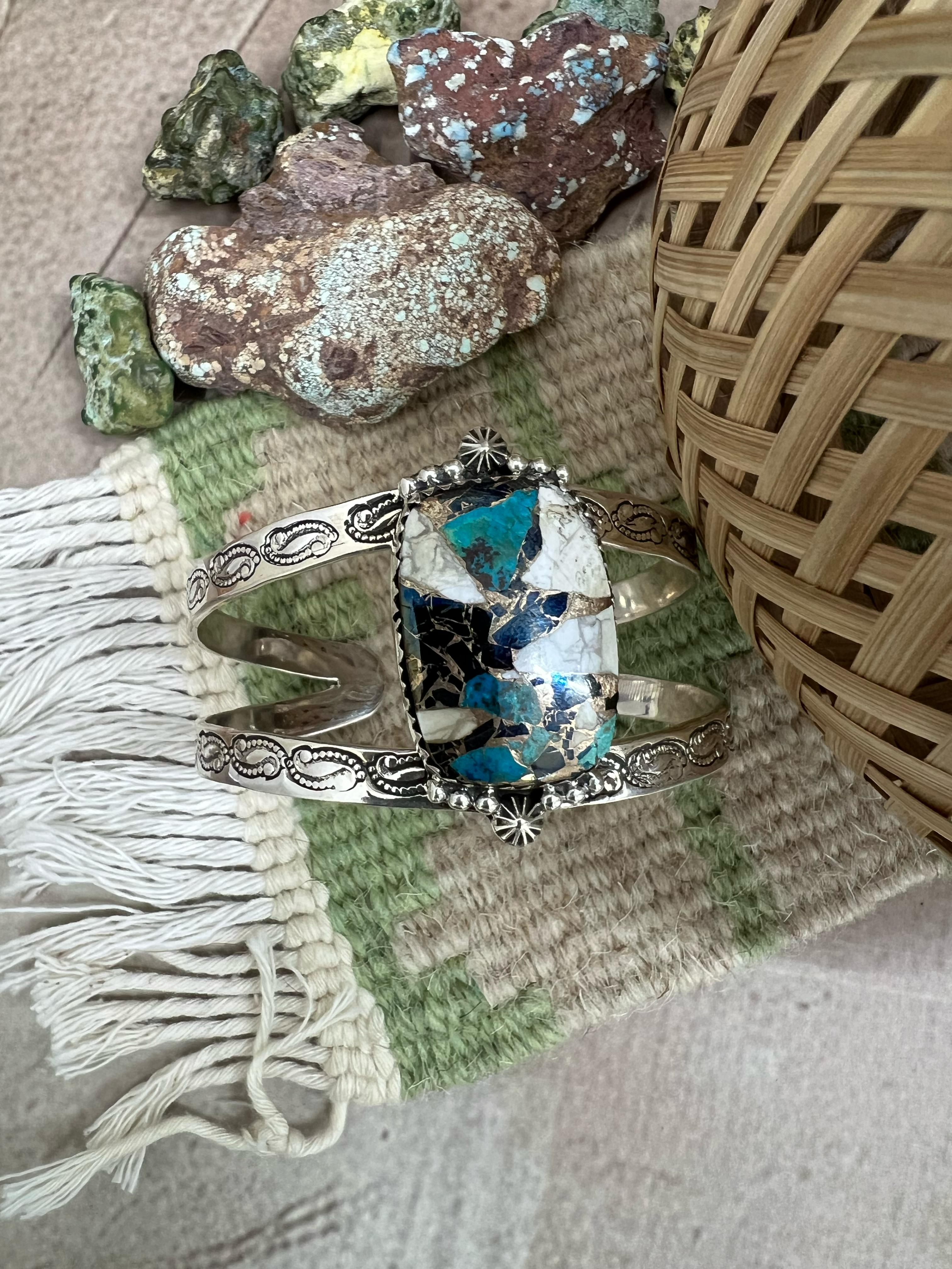 Handmade Sterling Silver Chrysocolla White Buffalo Turquoise Cuff Bracelet with Signed Nizhoni