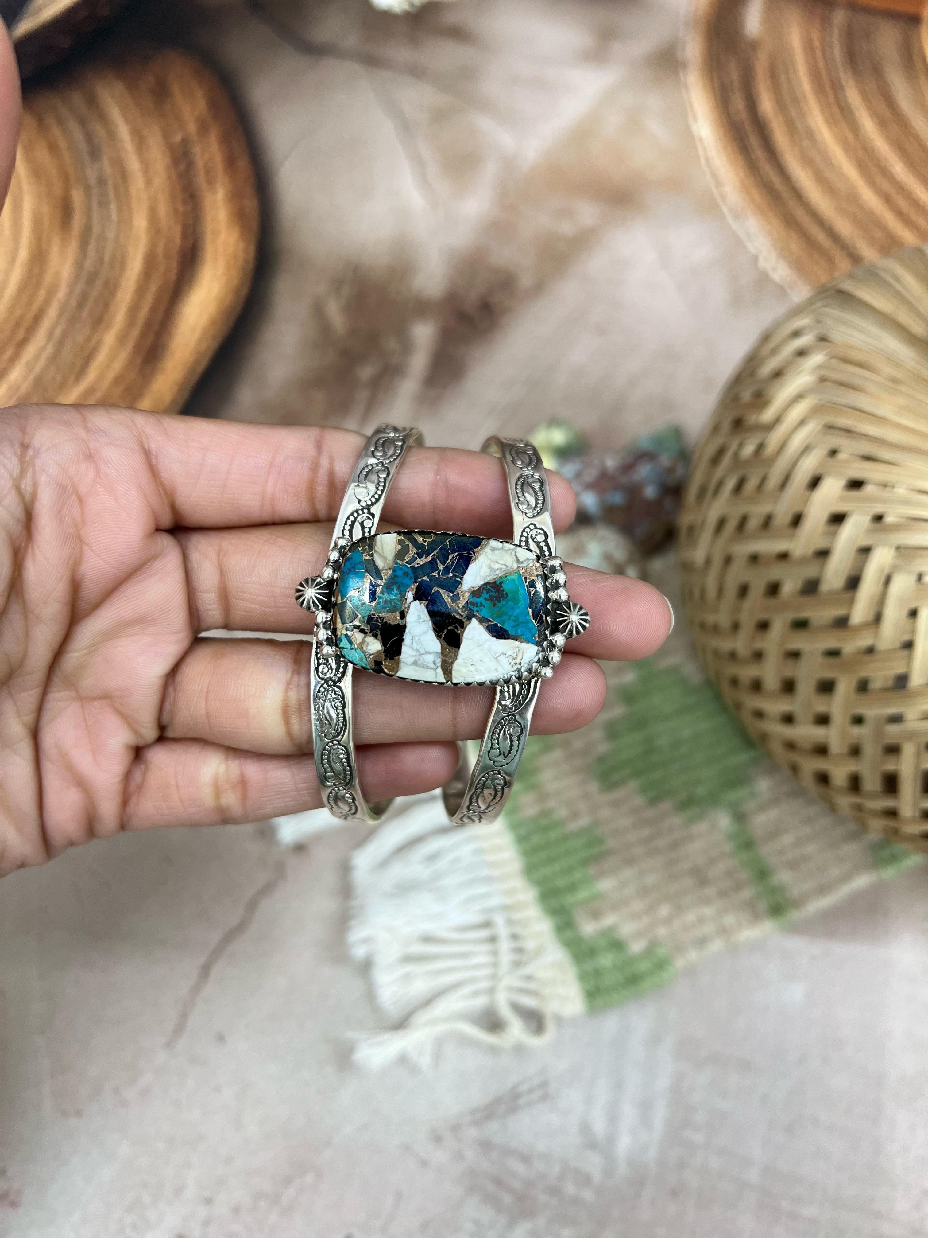 Handmade Sterling Silver Chrysocolla White Buffalo Turquoise Cuff Bracelet with Signed Nizhoni