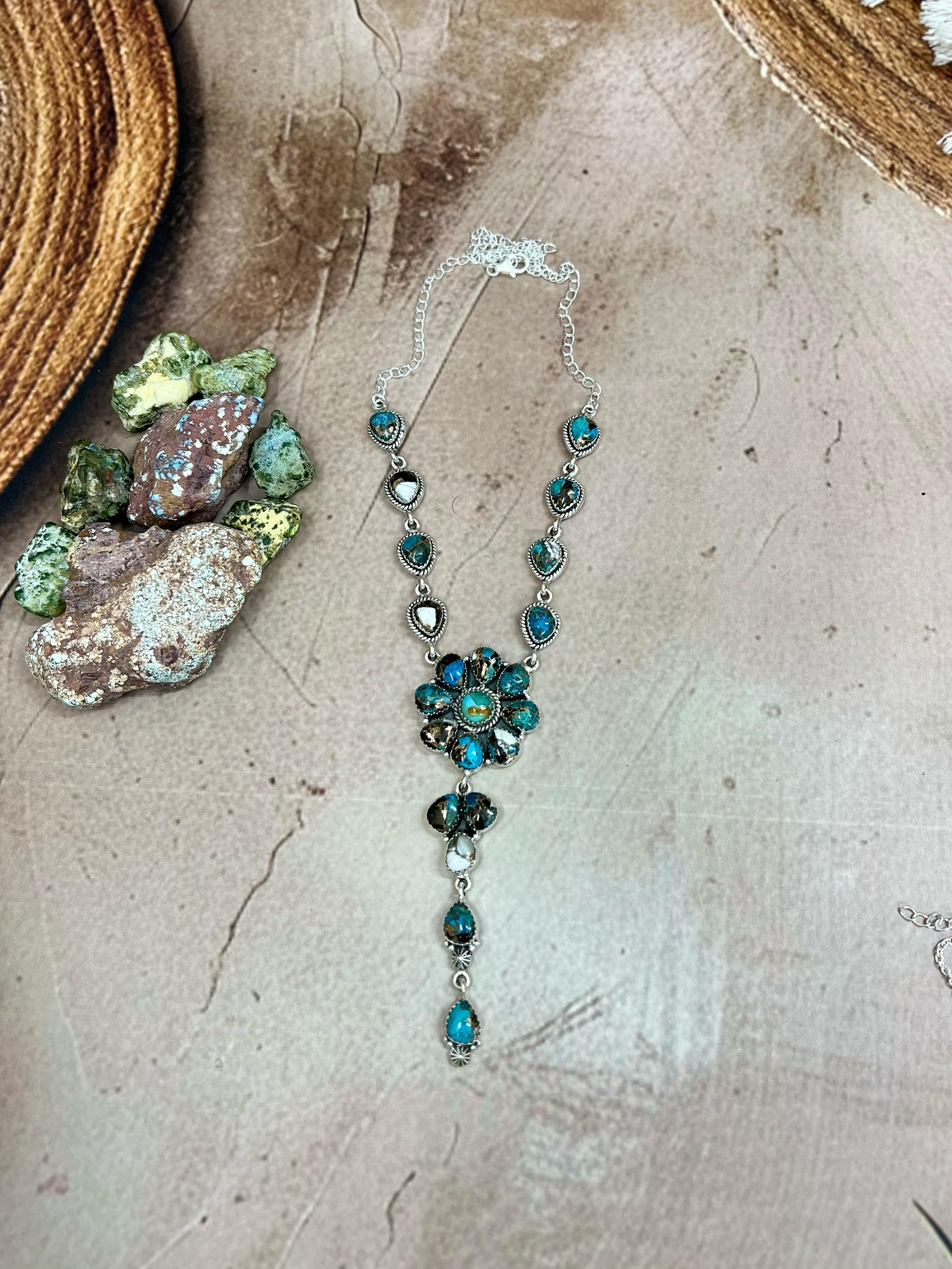 Handmade Sterling Silver Kingman with Chrysocolla White Buffalo Turquoise Necklace with Signed Nizhoni